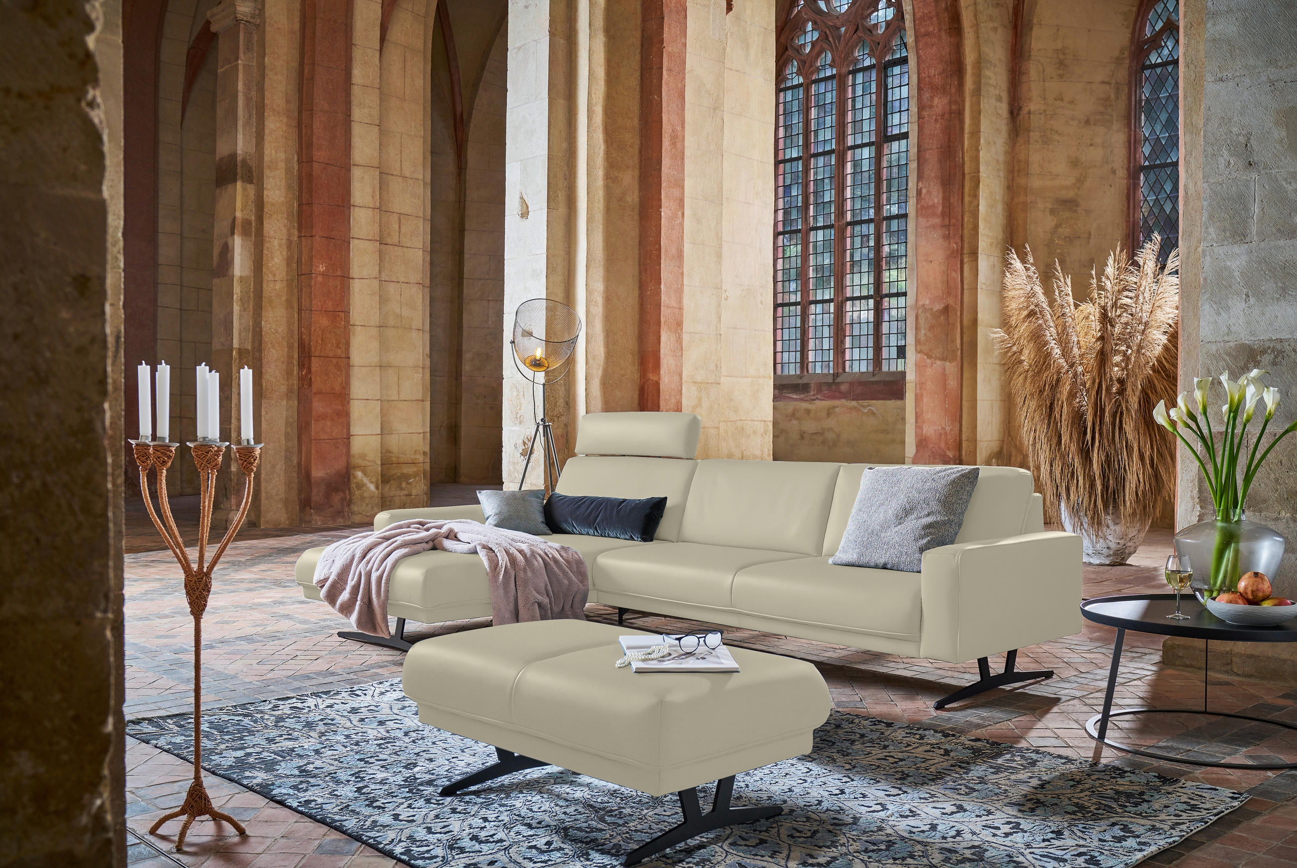 ECKSOFA in Echtleder Ecru  - Ecru/Anthrazit, Konventionell, Leder/Metall (179/324cm) - Johann Jakob