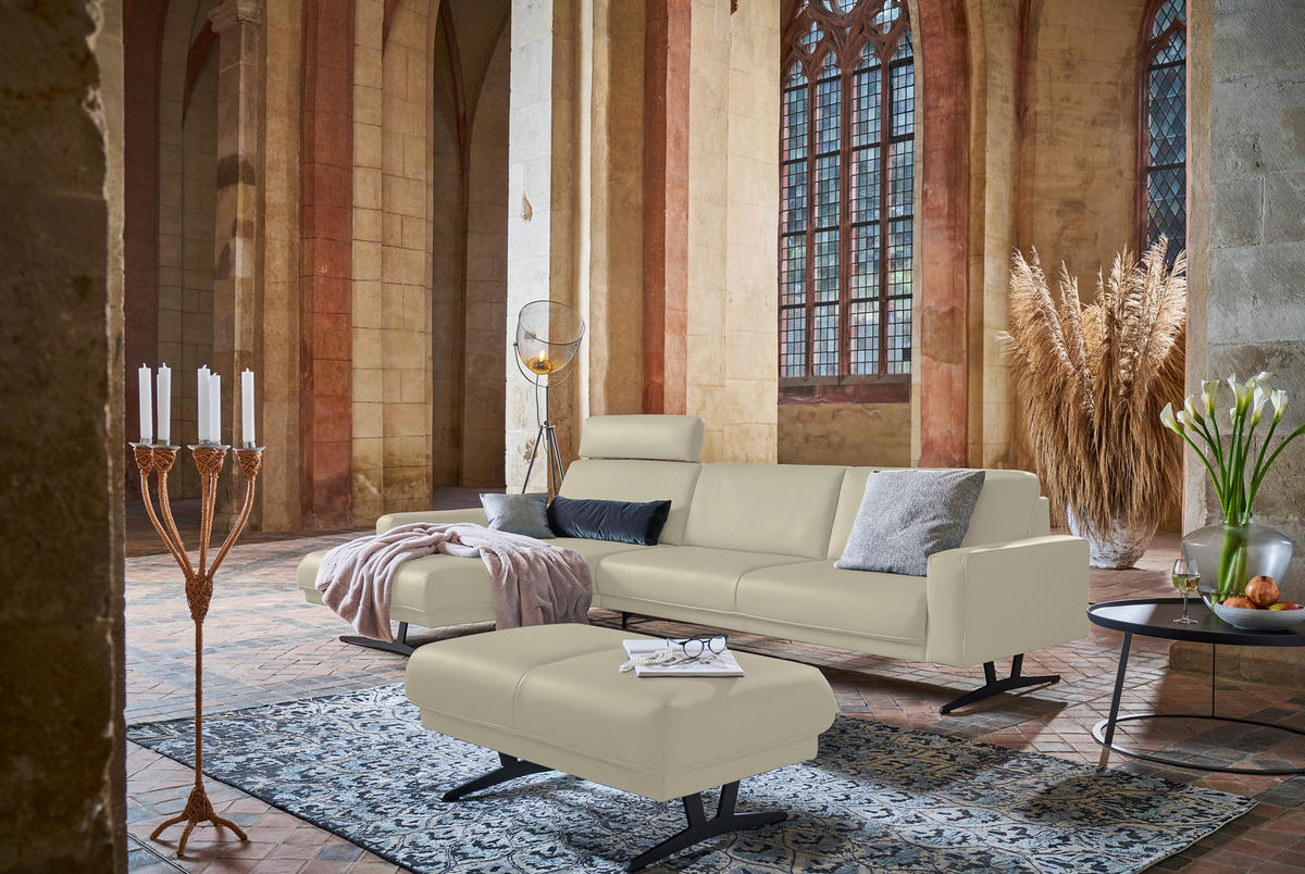 ECKSOFA in Echtleder Ecru  - Ecru/Anthrazit, Konventionell, Leder/Metall (179/324cm) - Johann Jakob