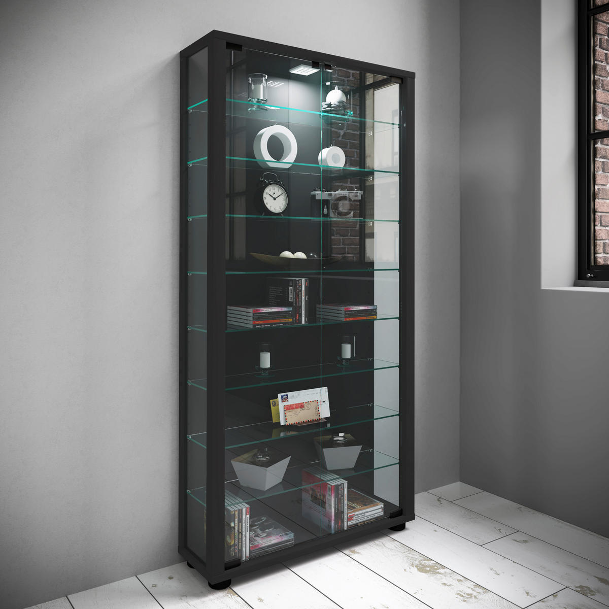 VITRINE in Schwarz  - Transparent/Schwarz, Design, Glas/Holzwerkstoff (59/113/18cm) - MID.YOU