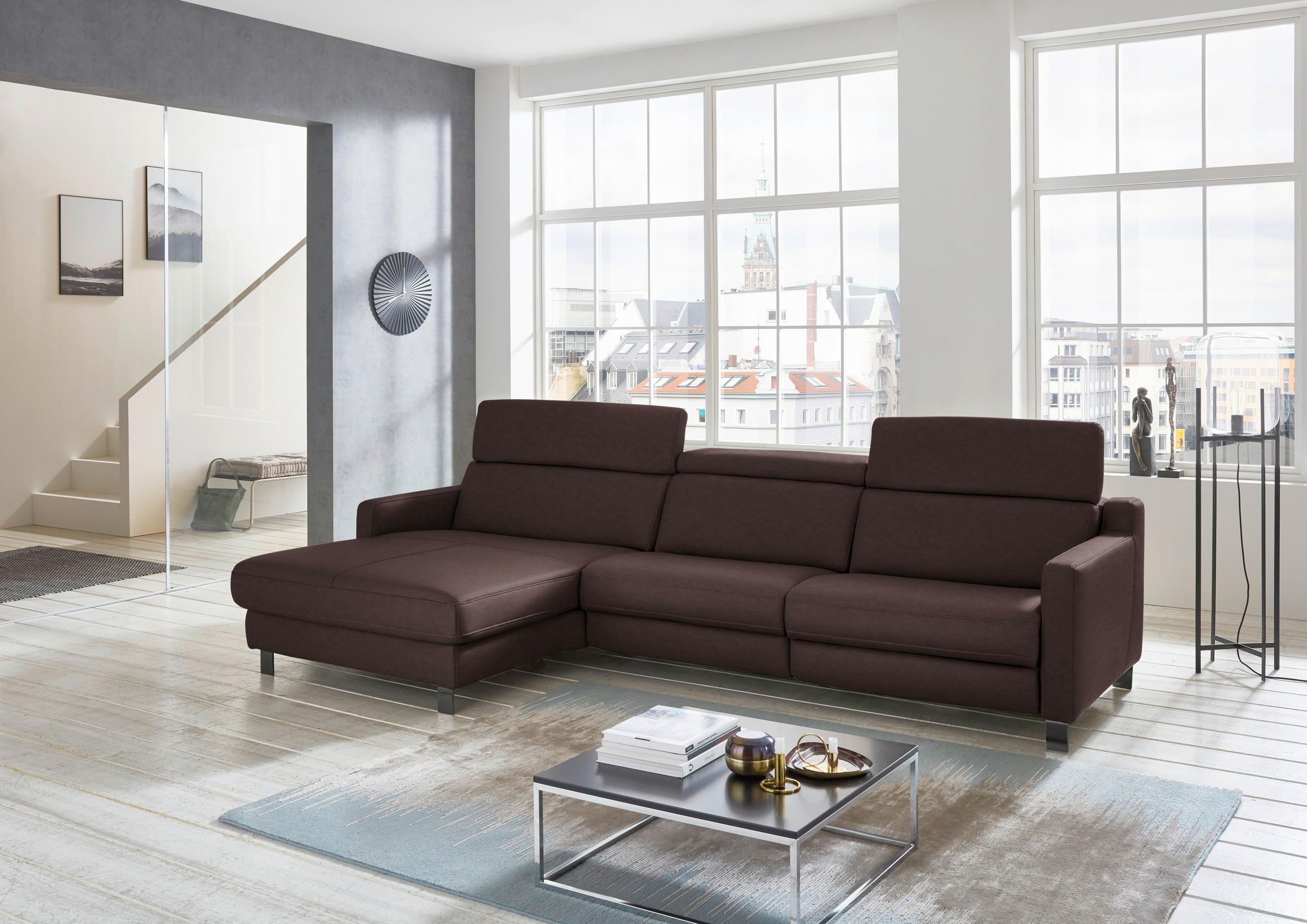 ECKSOFA in Echtleder Dunkelbraun  - Dunkelbraun/Schwarz, Design, Leder/Metall (176/291cm) - Valdera