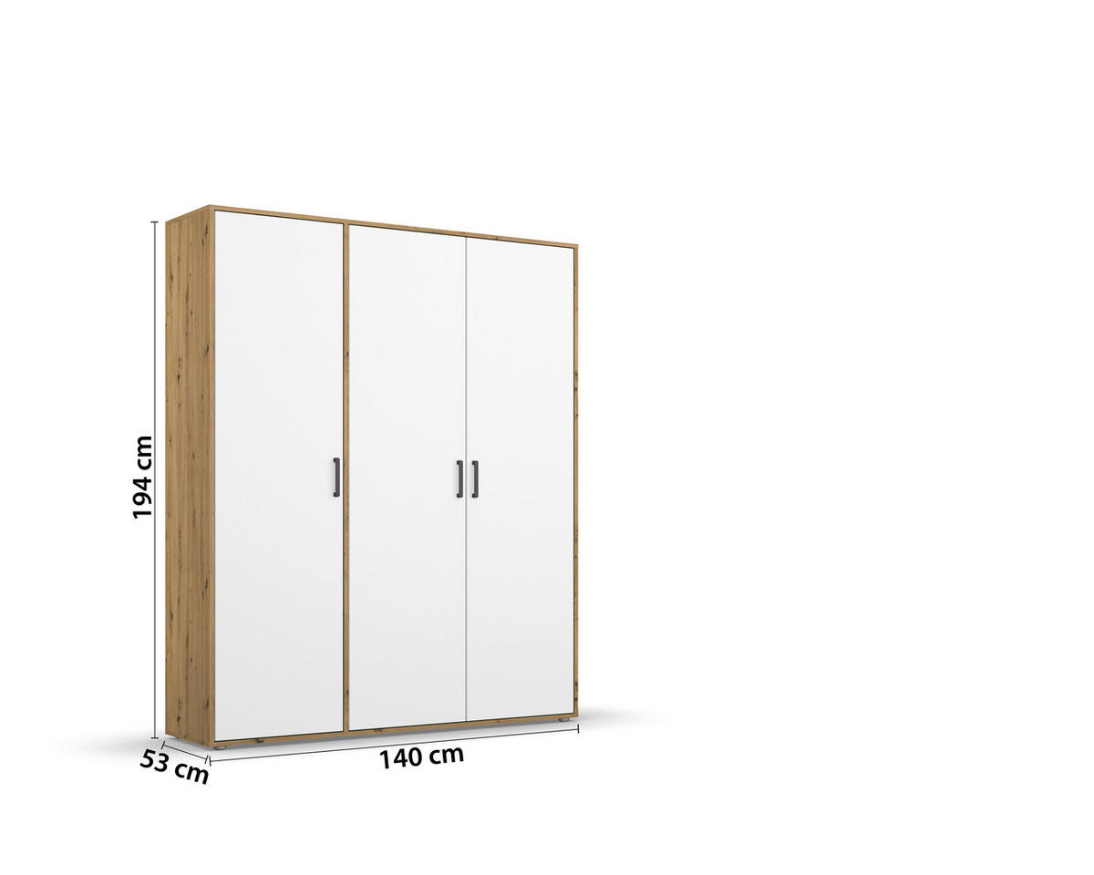 DREHTÜRENSCHRANK 140/194/53 cm 3-türig Weiß, Eiche Artisan  - Weiß/Eiche Artisan, MODERN, Holzwerkstoff/Kunststoff (140/194/53cm) - Rauch Möbel