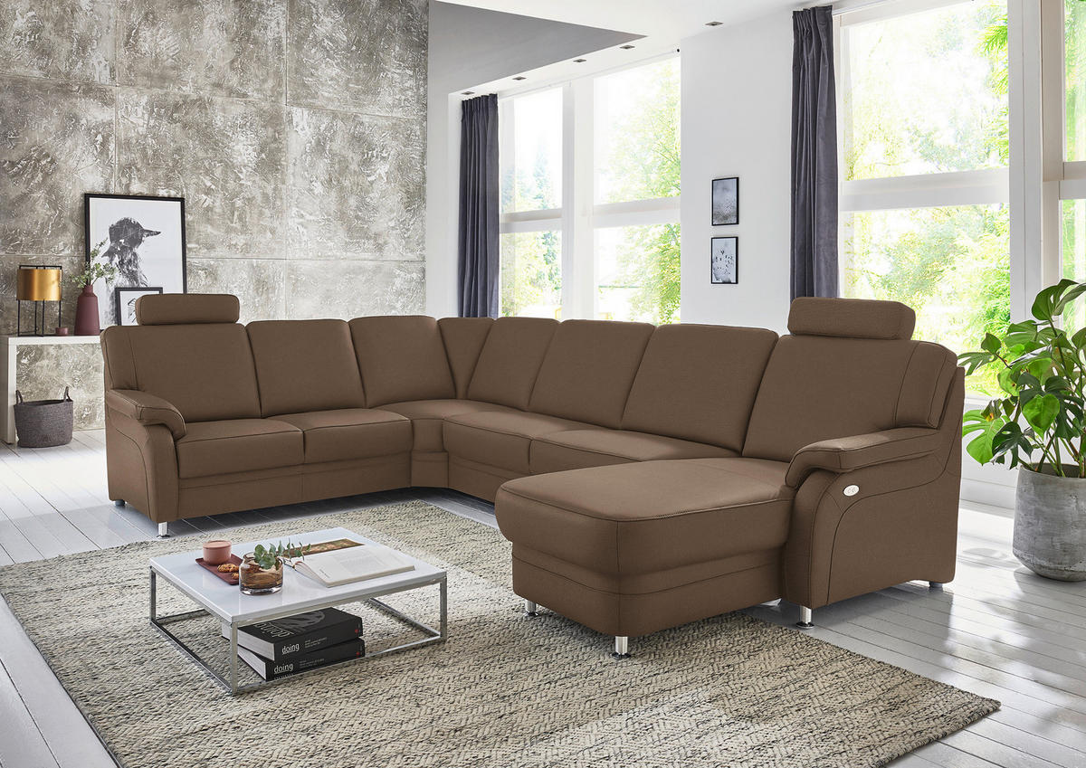 WOHNLANDSCHAFT Echtleder Braun  - Alufarben/Braun, Konventionell, Leder/Metall (239/329/165cm) - Beldomo Premium