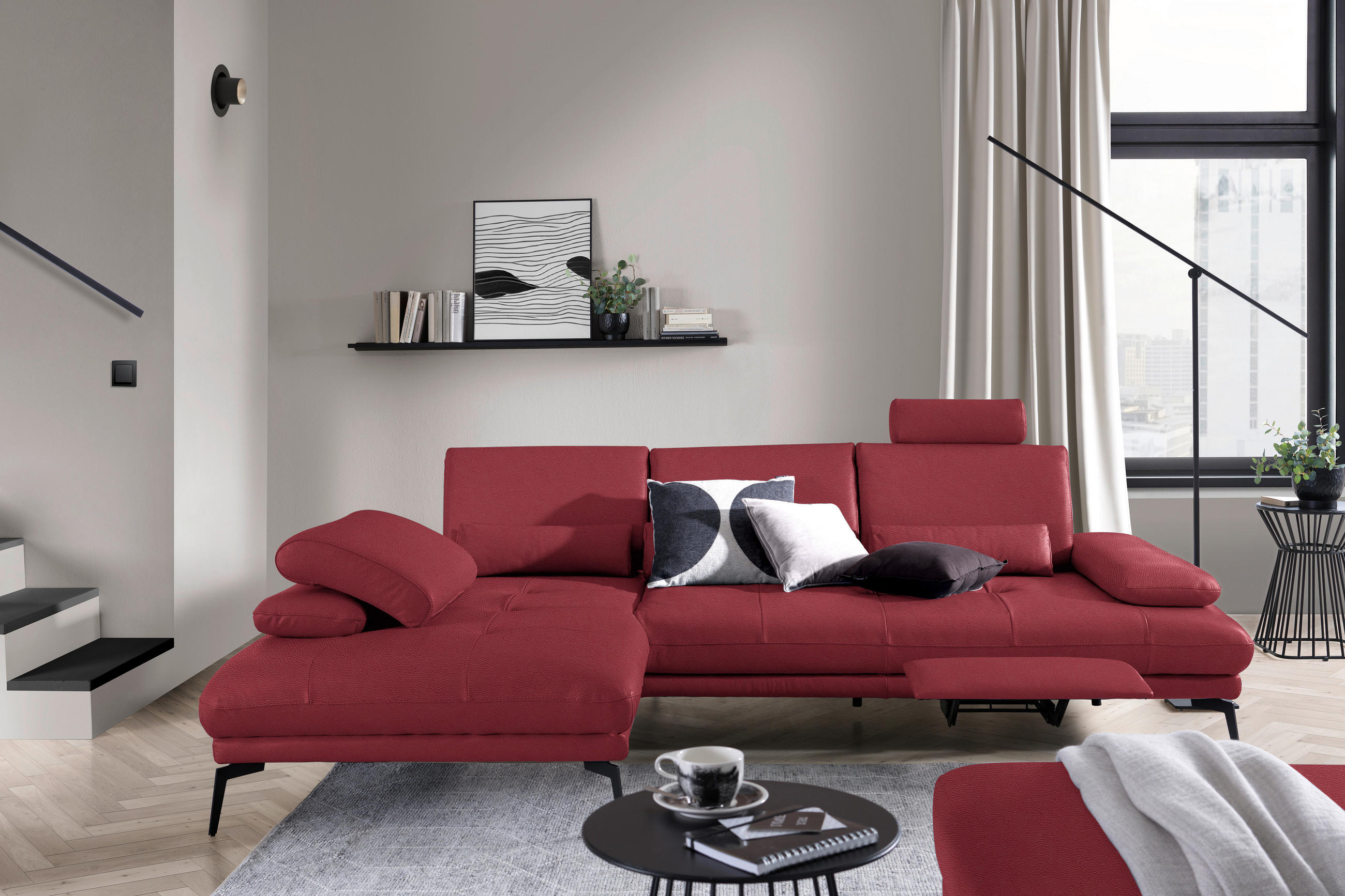 ECKSOFA in Echtleder Rot  - Rot/Schwarz, Design, Leder/Metall (187/273cm) - Celina Home