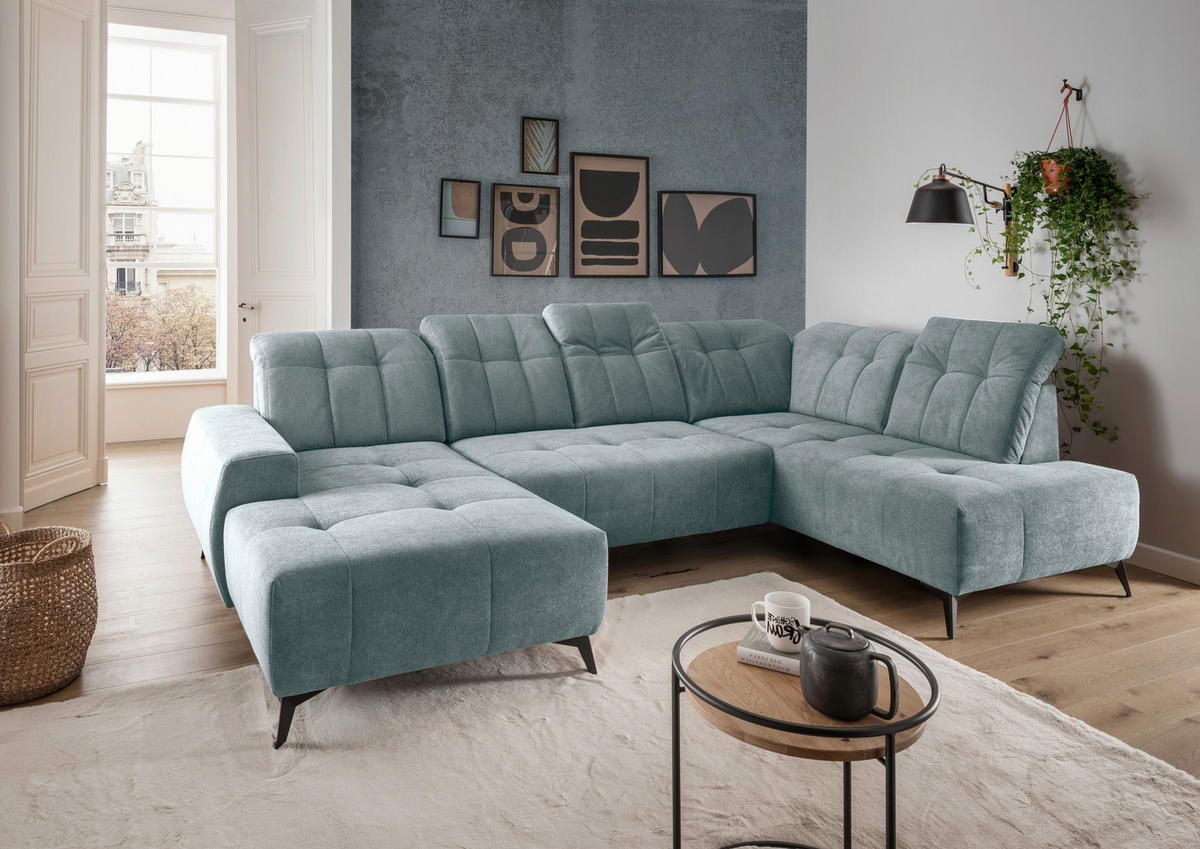 WOHNLANDSCHAFT SANO in Chenille Mintgrau  - Mintgrau/Schwarz, MODERN, Textil/Metall (200/337/180cm) - Livetastic