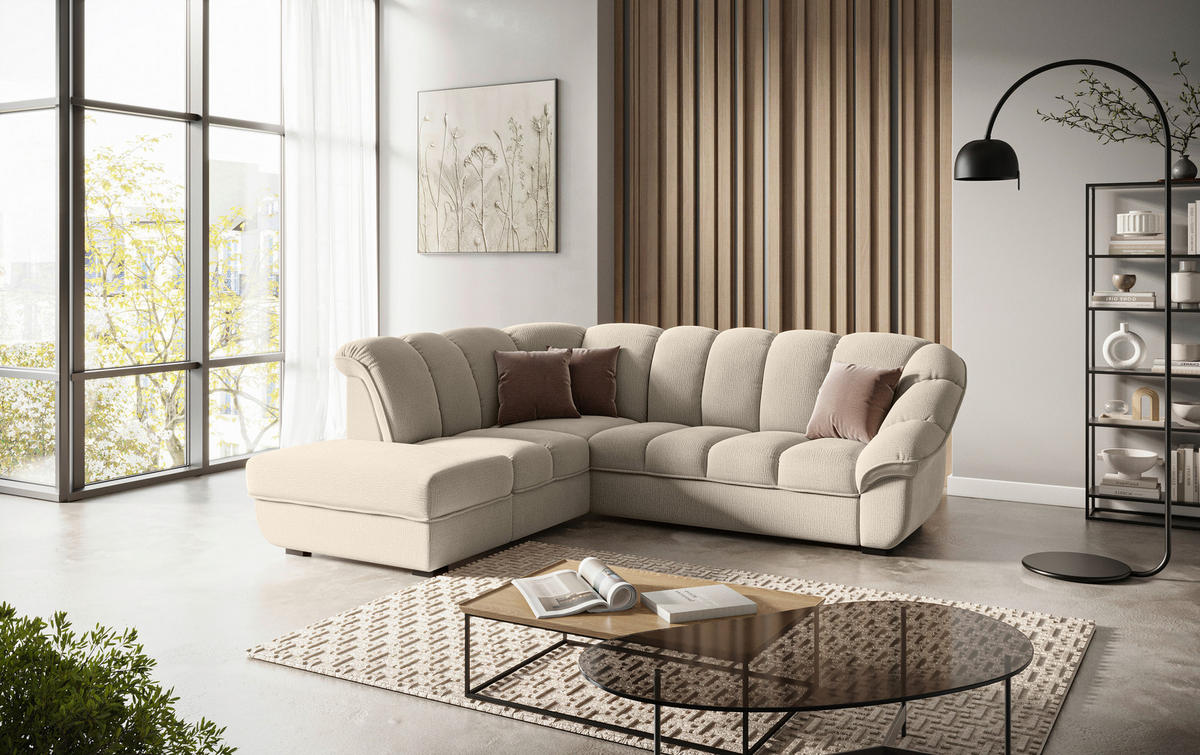 ECKSOFA Graubraun Chenille Bettkasten, Schlaffunktion, Rücken echt  - Graubraun/Schwarz, KONVENTIONELL, Kunststoff/Textil (222/260cm) - Welnova