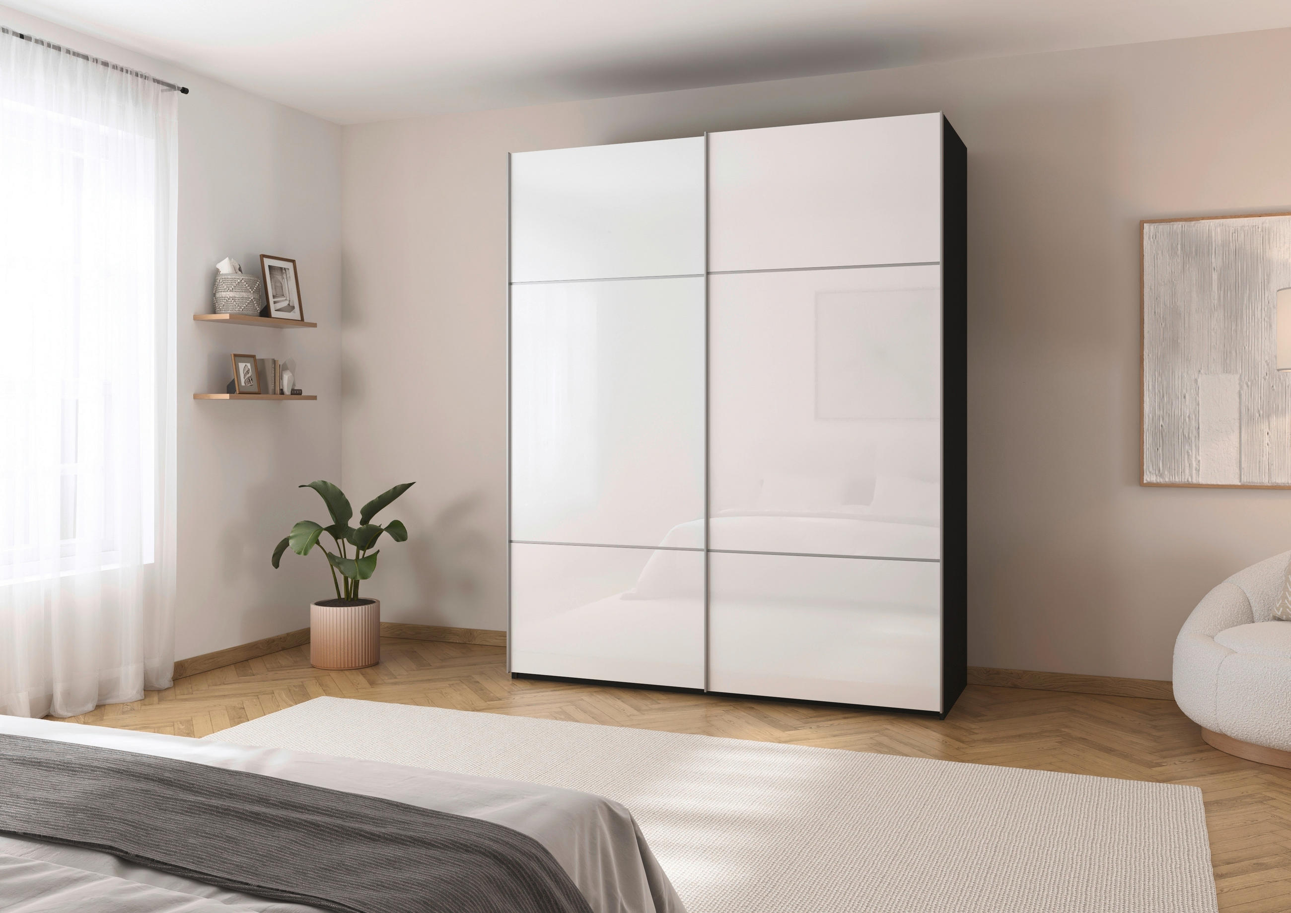 SCHWEBETÜRENSCHRANK in Schwarz, Weiss  - Weiss/Alufarben, Konventionell, Glas/Holzwerkstoff (201/223/67cm) - Novel