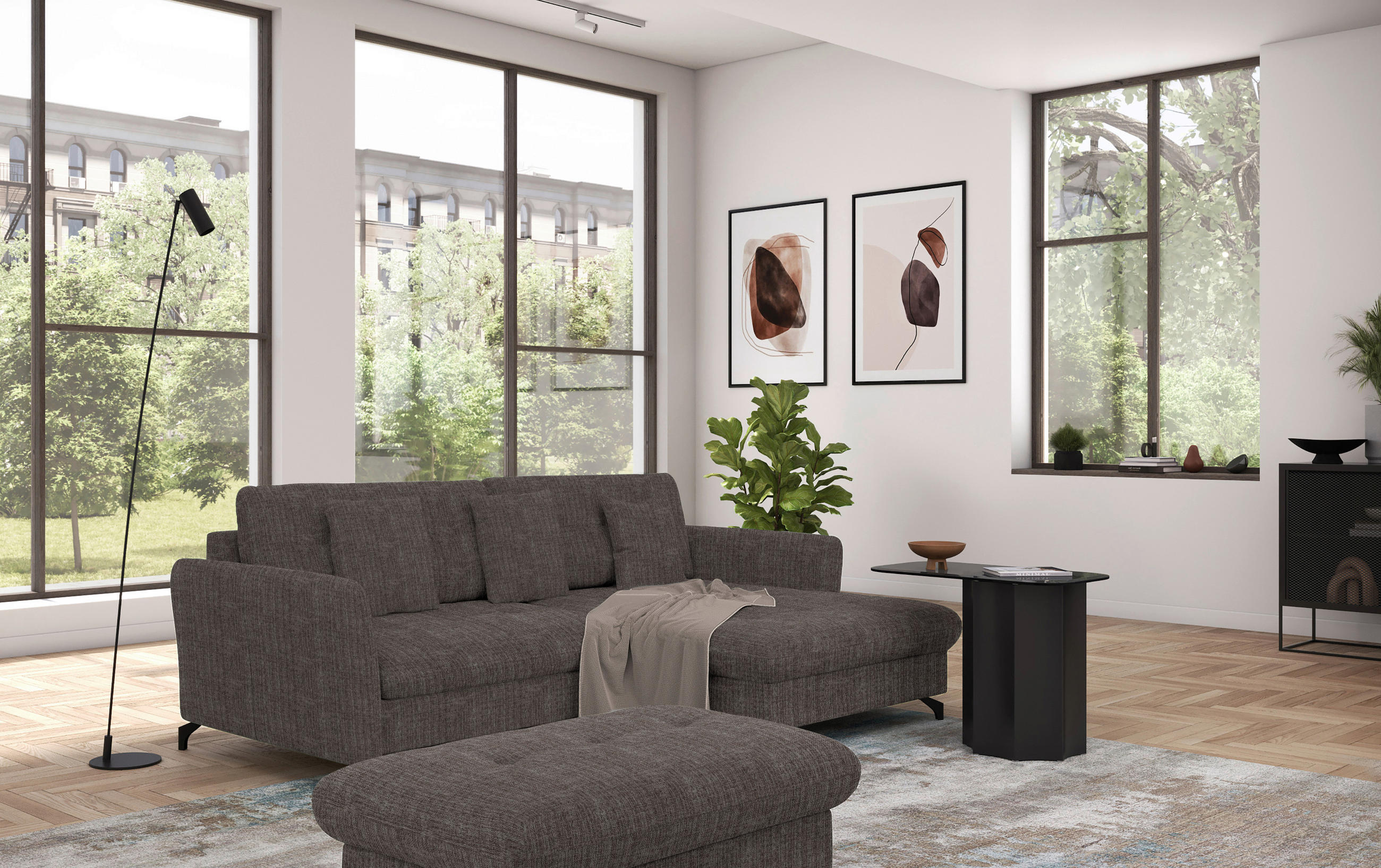ECKSOFA in Flachgewebe, Leinenoptik Braun  - Schwarz/Braun, Design, Textil/Metall (242/170cm) - Xora