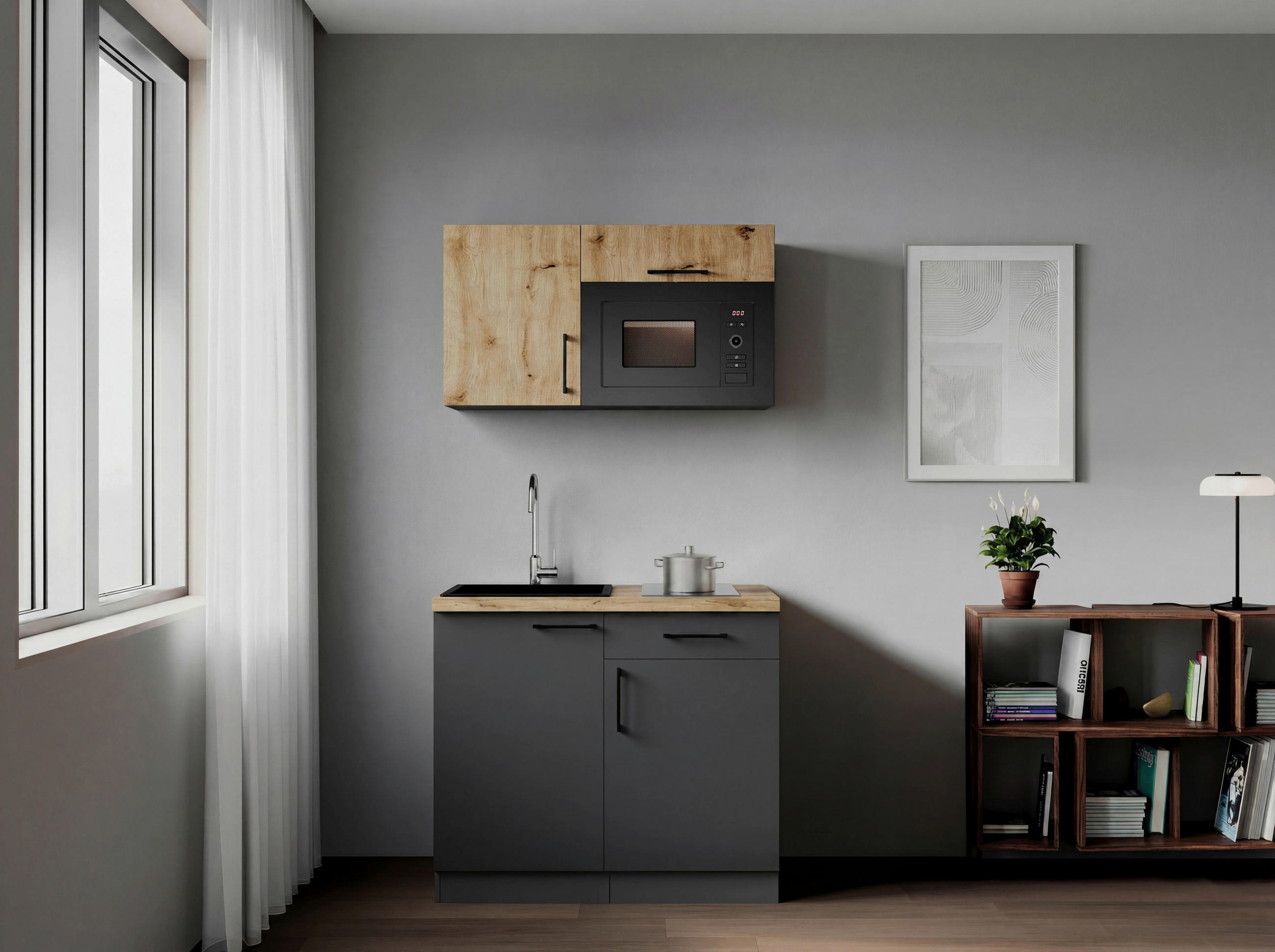 MINIKÖK 100 cm   i grå, ek Artisan  - ek Artisan/grå, Trend, metall/trämaterial (100cm) - Respekta
