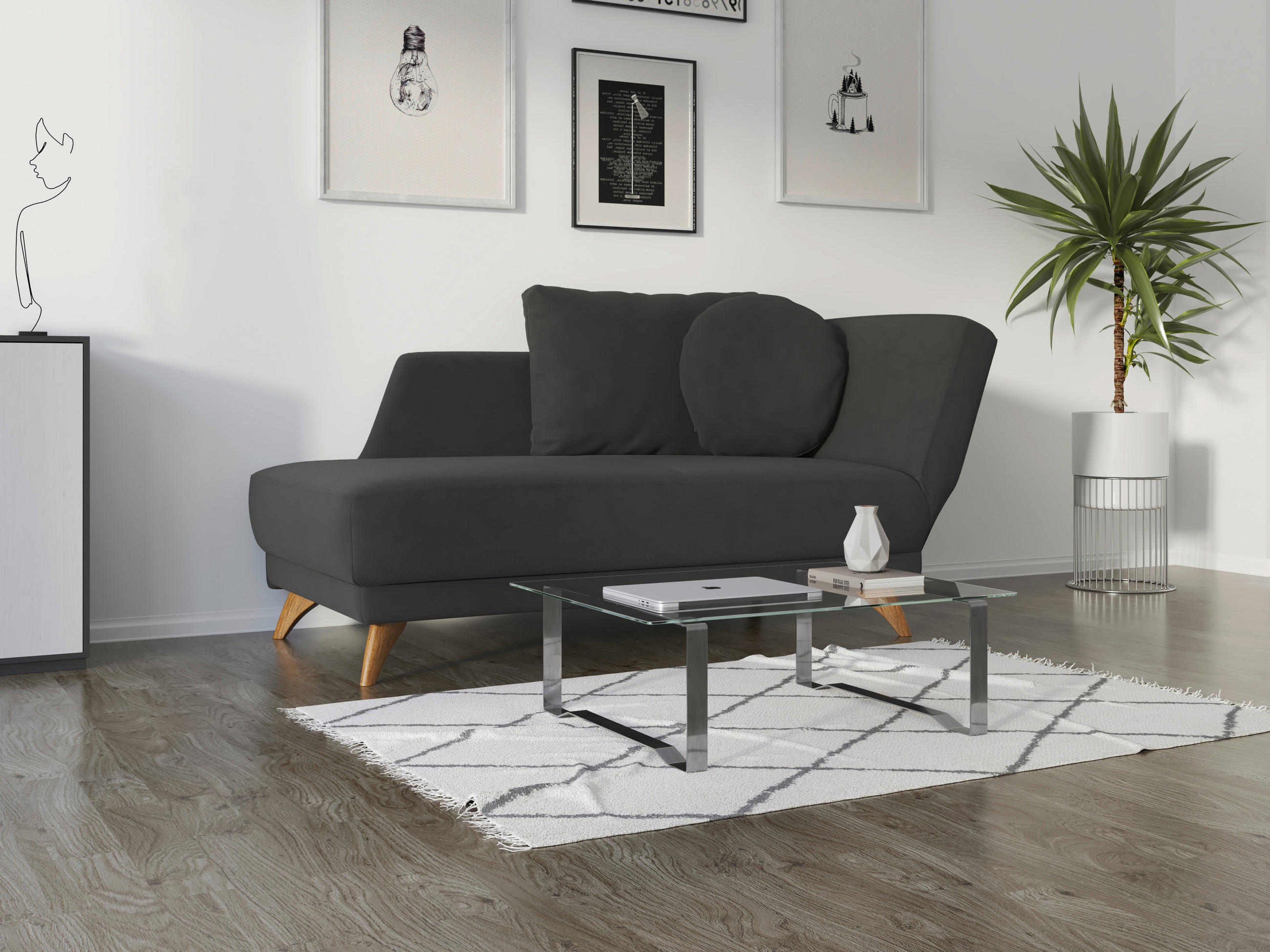 RÉCAMIERE in Flachgewebe Schwarz  - Eichefarben/Schwarz, Modern, Holz/Textil (205/74-87/94cm) - Bali
