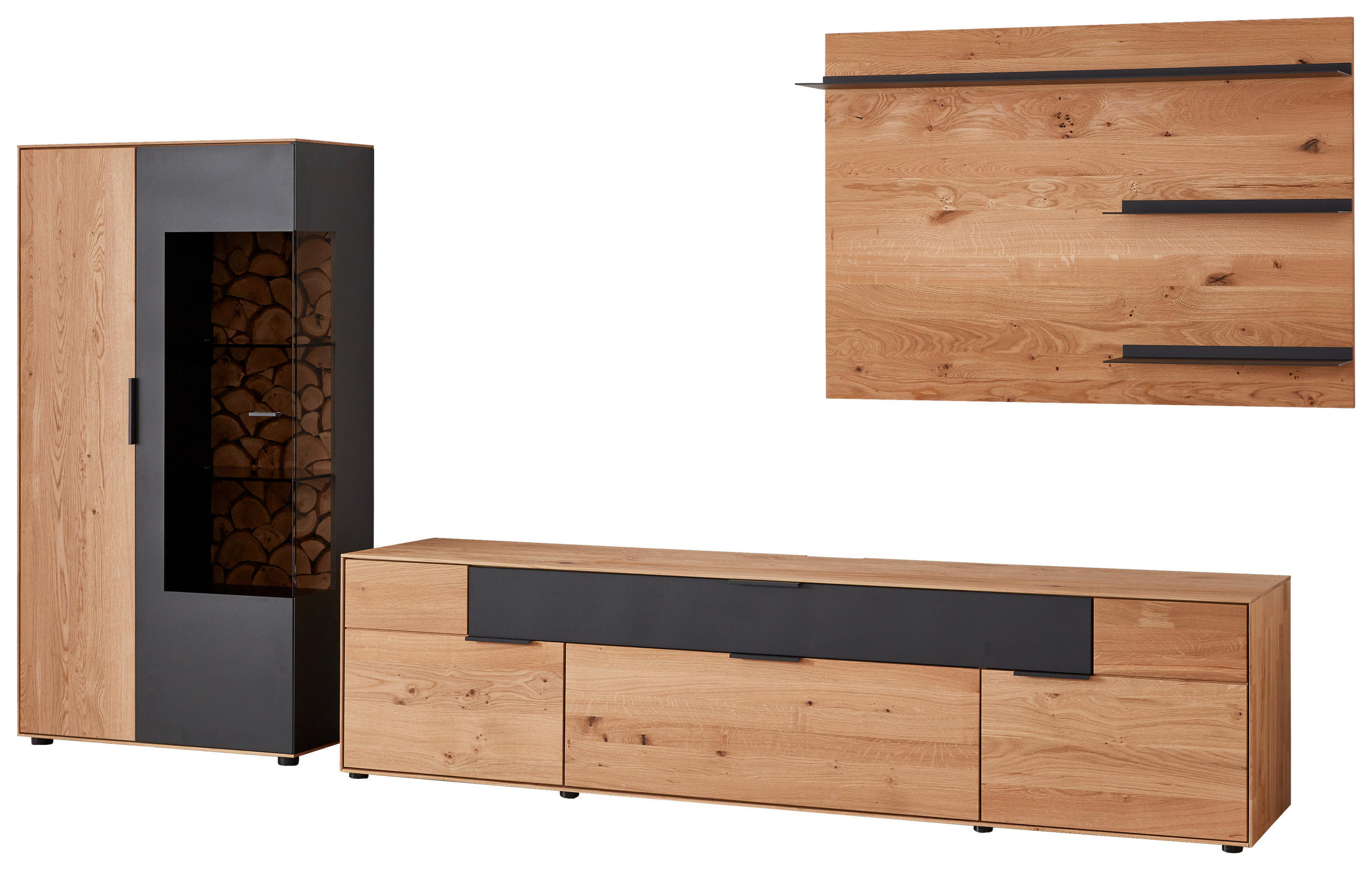 WOHNWAND  in Schwarz, Eichefarben  321,4/172/45,2 cm  - Eichefarben/Schwarz, Design, Glas/Holz (321,4/172/45,2cm) - Valdera