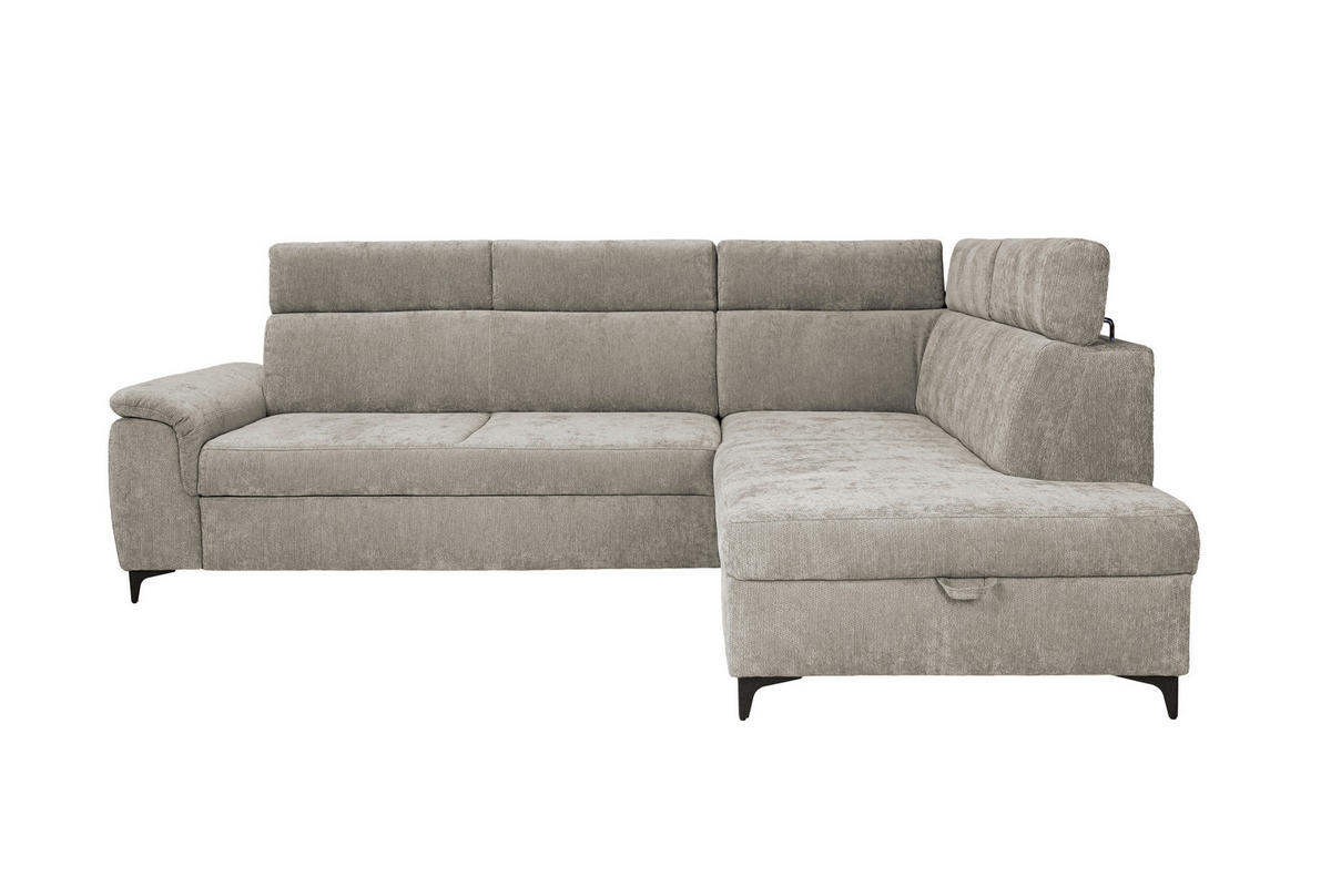 ECKSOFA Taupe Chenille Bettkasten, Schlaffunktion, Rücken echt, Kopfteilverstellung, Liegefläche im Originalstoff  - Taupe/Schwarz, KONVENTIONELL, Textil/Metall (265/206cm) - Carryhome