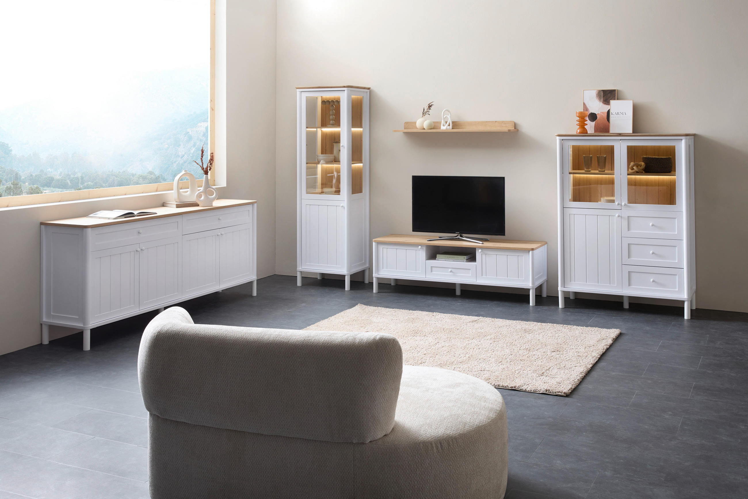 Thumbnail - home24 Lowboard, Weiß, Eiche Artisan, Metall, 3 Fächer, 1 Schubladen, 158.5x50.3x45.5 cm, Wohnzimmer, Wohnwände, Lowboar...