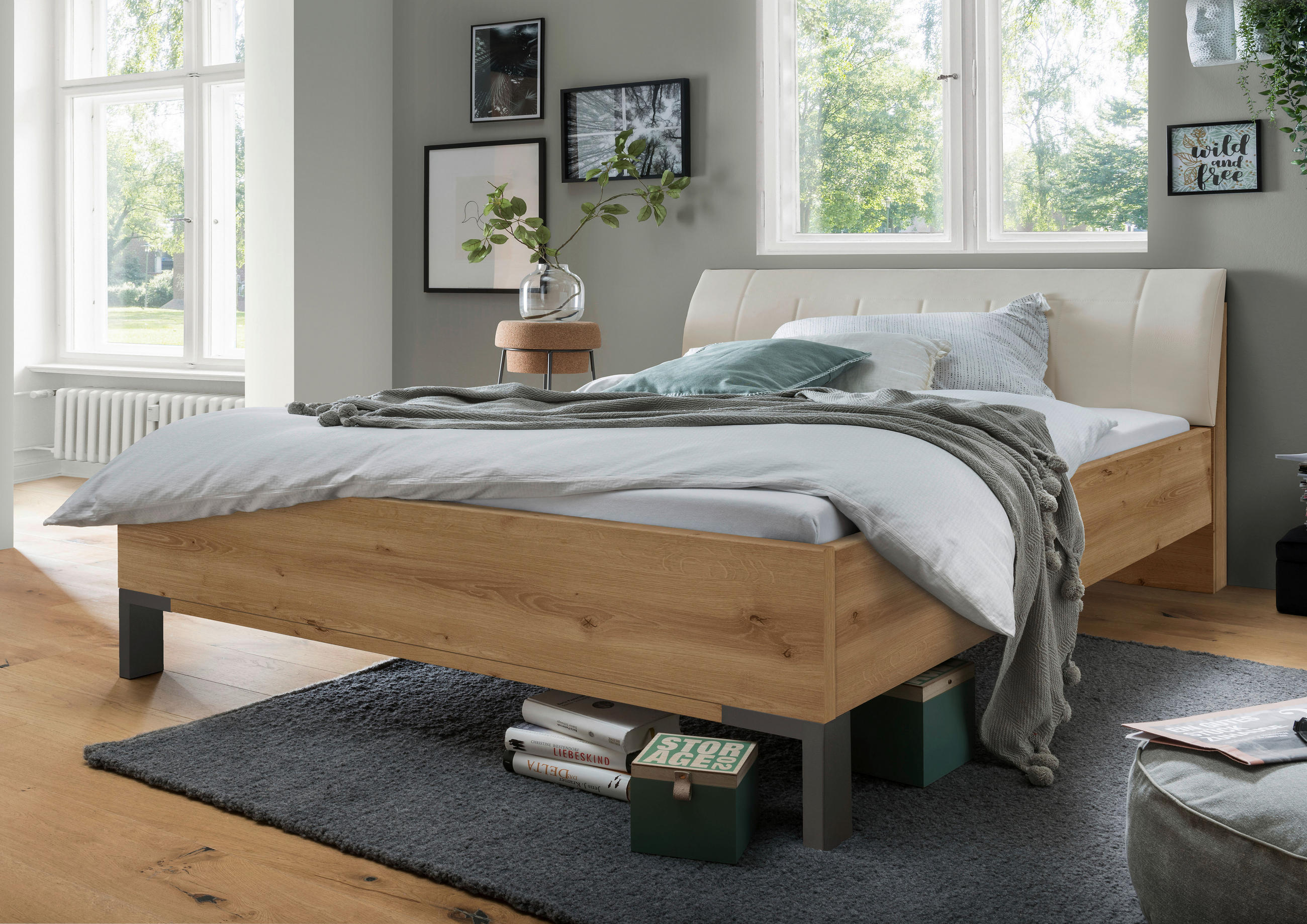 BETT 200/200 cm  in Champagner, Eiche Bianco  - Schieferfarben/Eiche Bianco, KONVENTIONELL, Textil/Metall (200/200cm) - Dieter Knoll