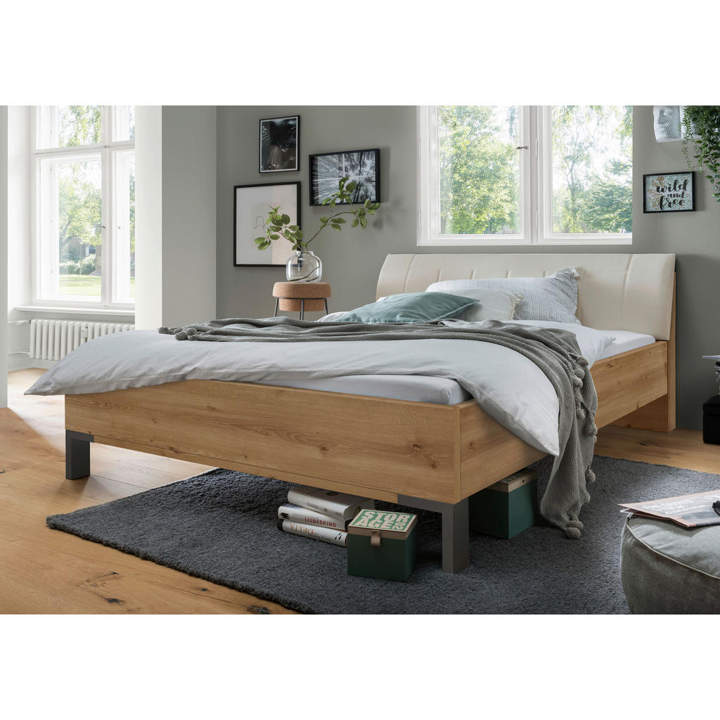 Thumbnail - Dieter Knoll Bett, Champagner, Eiche Bianco, Textil, 180x200 cm, ISO 9001, Goldenes M, Made in Germany, gepolstertes Kop...
