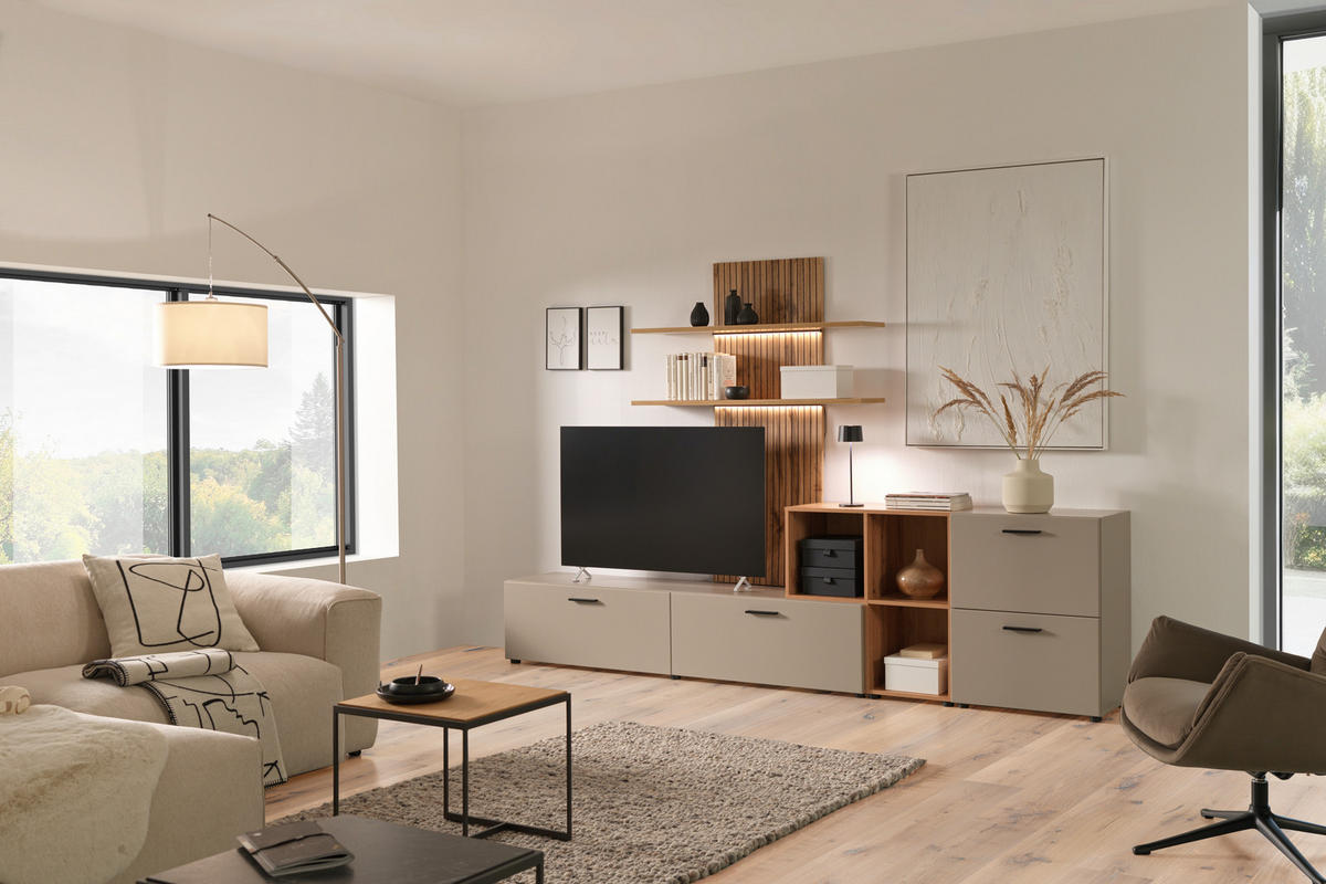 OBÝVACÍ STĚNA, barvy dubu, šedobéžová - černá/barvy dubu, Moderní, kompozitní dřevo/plast (296/190/40cm) - Carryhome