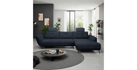 ECKSOFA Dunkelblau Chenille Armlehnenkissen, Rücken echt, Sitztiefenverstellung  - Schwarz/Dunkelblau, KONVENTIONELL, Textil/Metall (313/215cm) - Hom`in