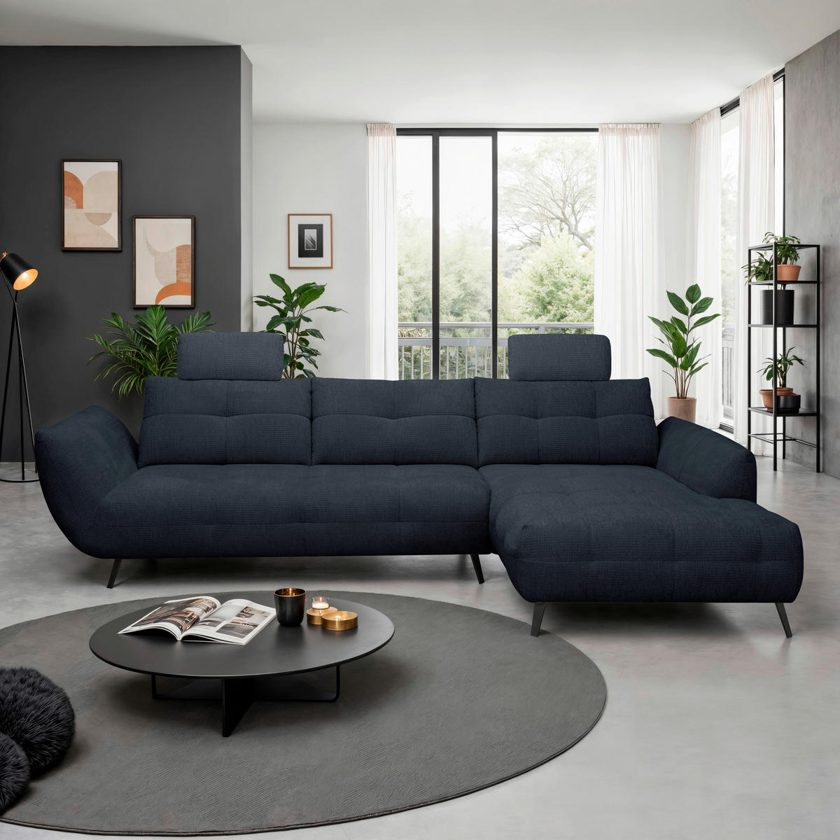 ECKSOFA Dunkelblau Chenille Armlehnenkissen, Rücken echt, Sitztiefenverstellung  - Schwarz/Dunkelblau, KONVENTIONELL, Textil/Metall (313/215cm) - Hom`in