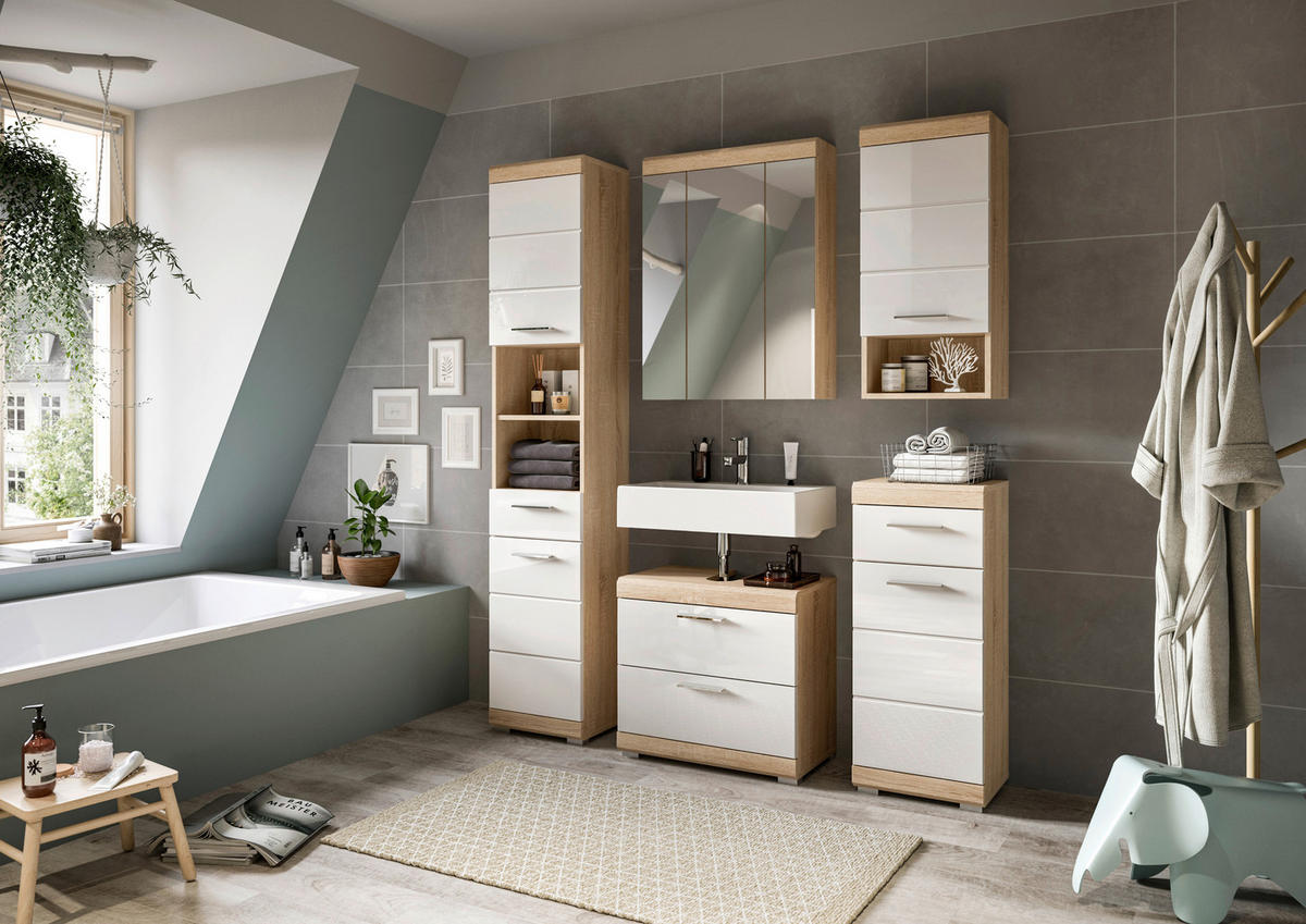 BADEZIMMER 5-teilig  in 134 cm  - Weiß Hochglanz/Silberfarben, MODERN, Glas/Holzwerkstoff (134cm) - MID.YOU