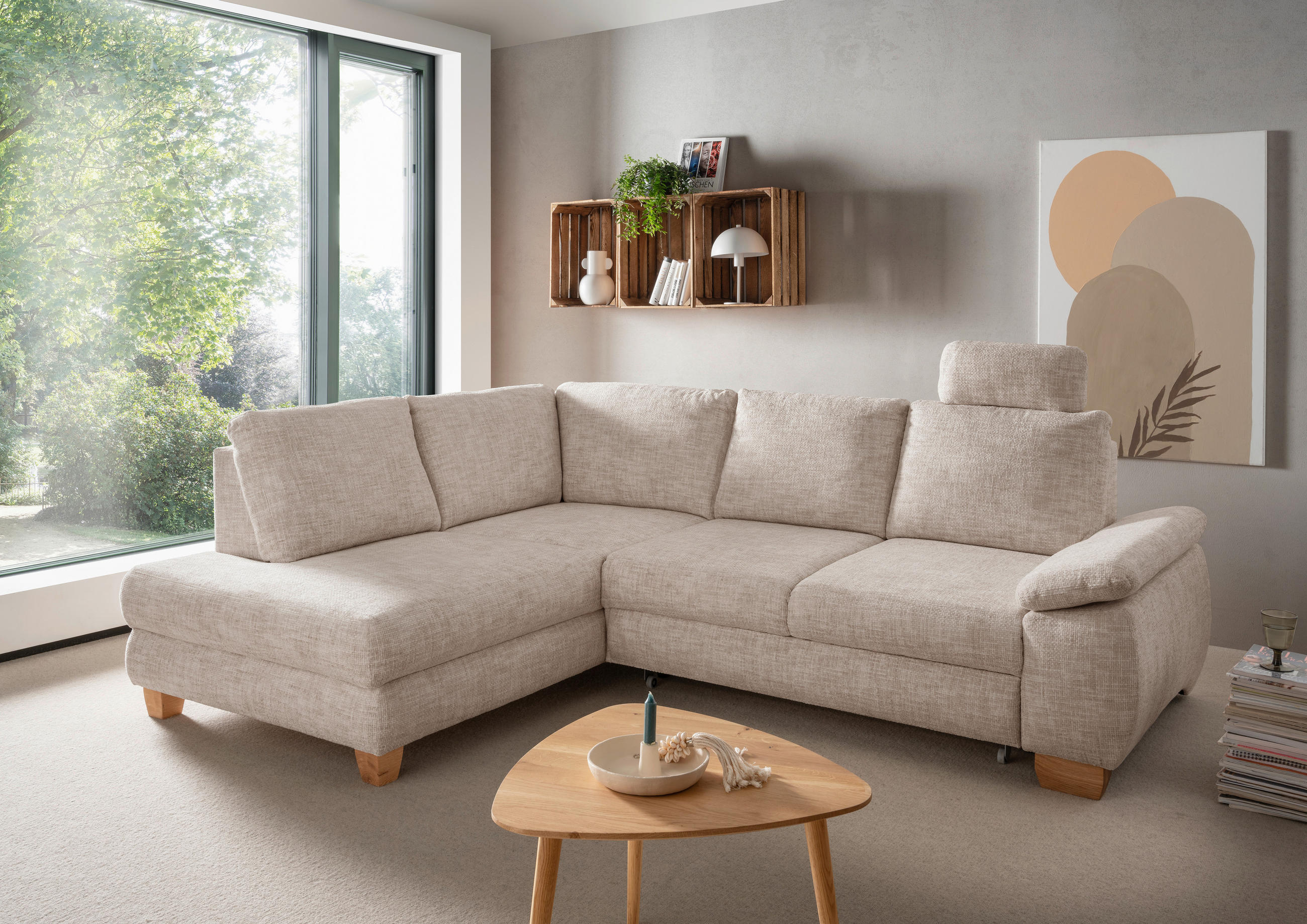 ECKSCHLAFSOFA Struktur Creme  - Wildeiche/Creme, MODERN, Holz/Textil (206/265cm) - Livetastic