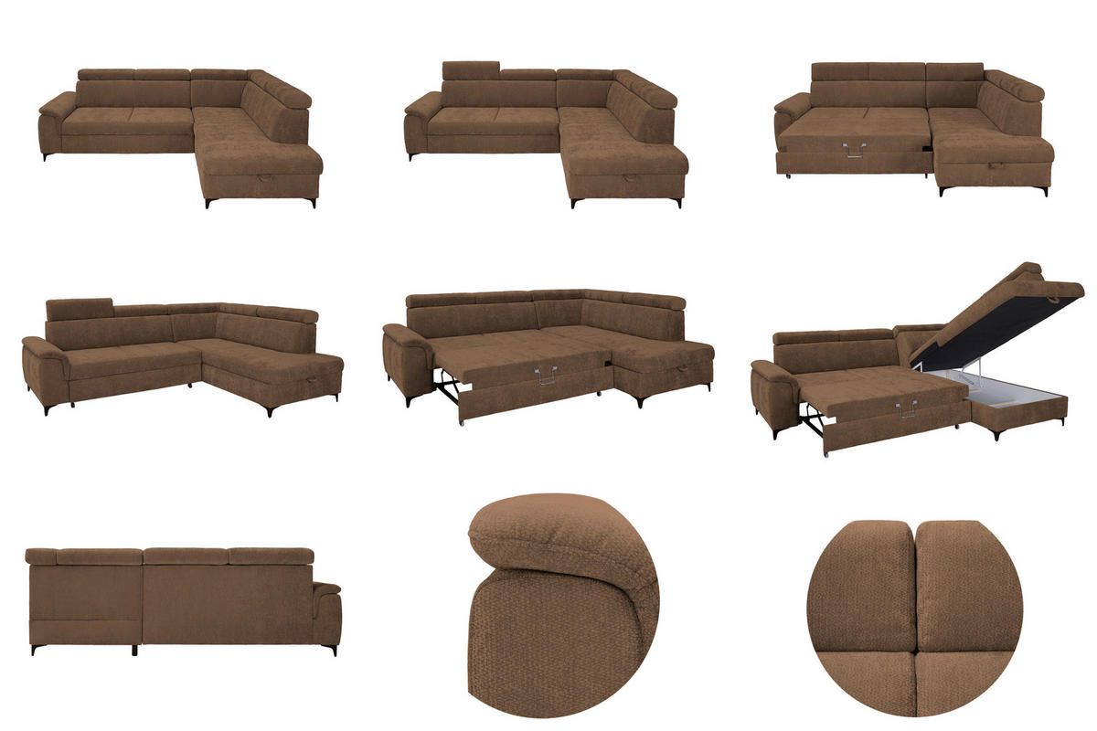 ECKSOFA Braun Chenille Bettkasten, Schlaffunktion, Rücken echt, Kopfteilverstellung, Liegefläche im Originalstoff  - Schwarz/Braun, KONVENTIONELL, Textil/Metall (265/206cm) - Carryhome