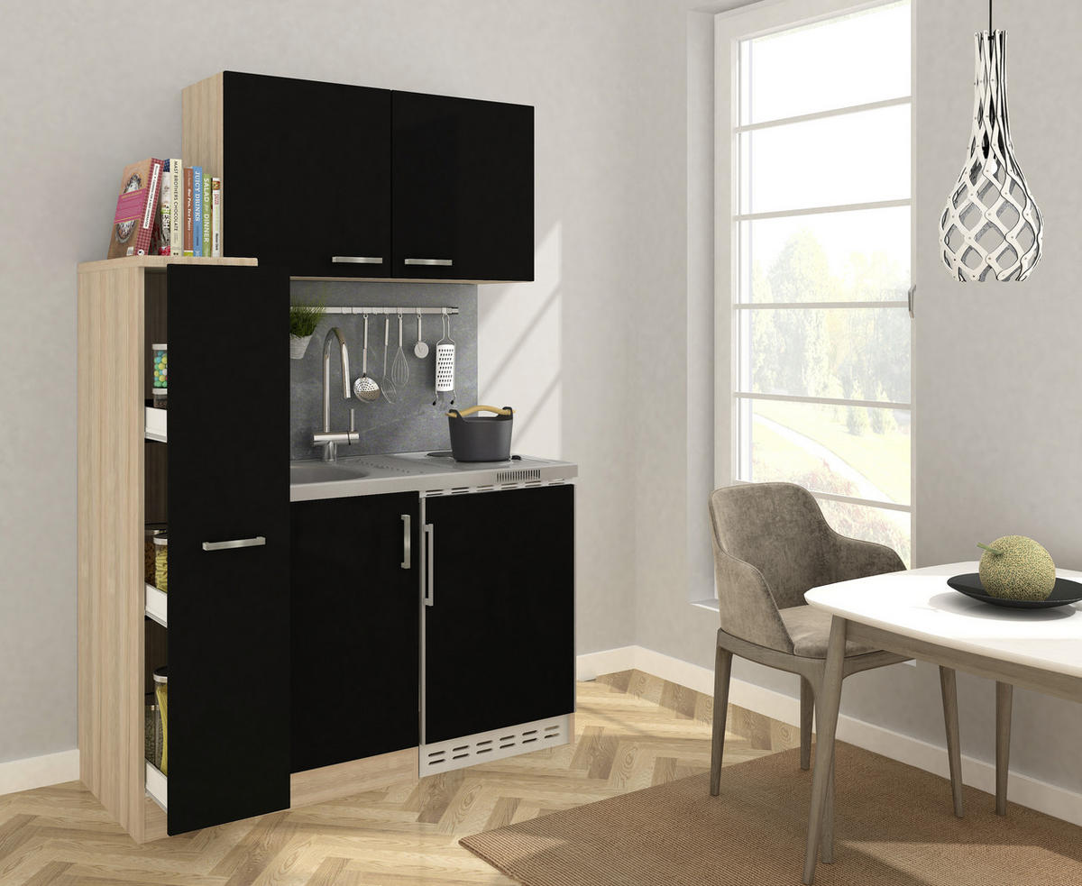 MINIKÜCHE 130 cm   in Schwarz, Eichefarben  - Edelstahlfarben/Eichefarben, Modern, Holzwerkstoff/Metall (130cm) - Respekta