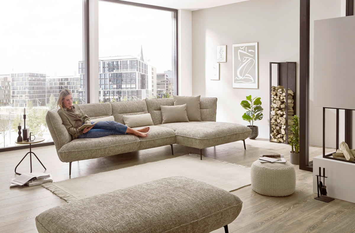 ECKSOFA in Flachgewebe Taupe  - Taupe/Schwarz, Design, Textil/Metall (339/153cm) - Moderano