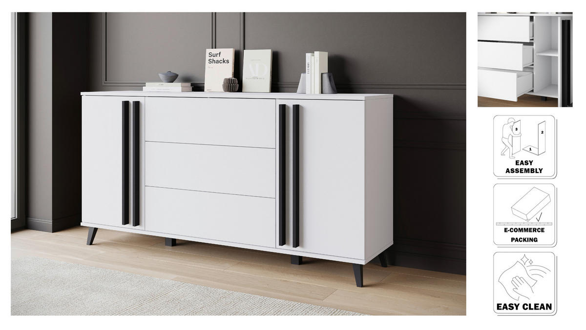 ŠIROKÁ KOMODA, bílá, 150/77,8/39,5 cm - bílá/černá, Trend, kompozitní dřevo/plast (150/77,8/39,5cm) - P & B