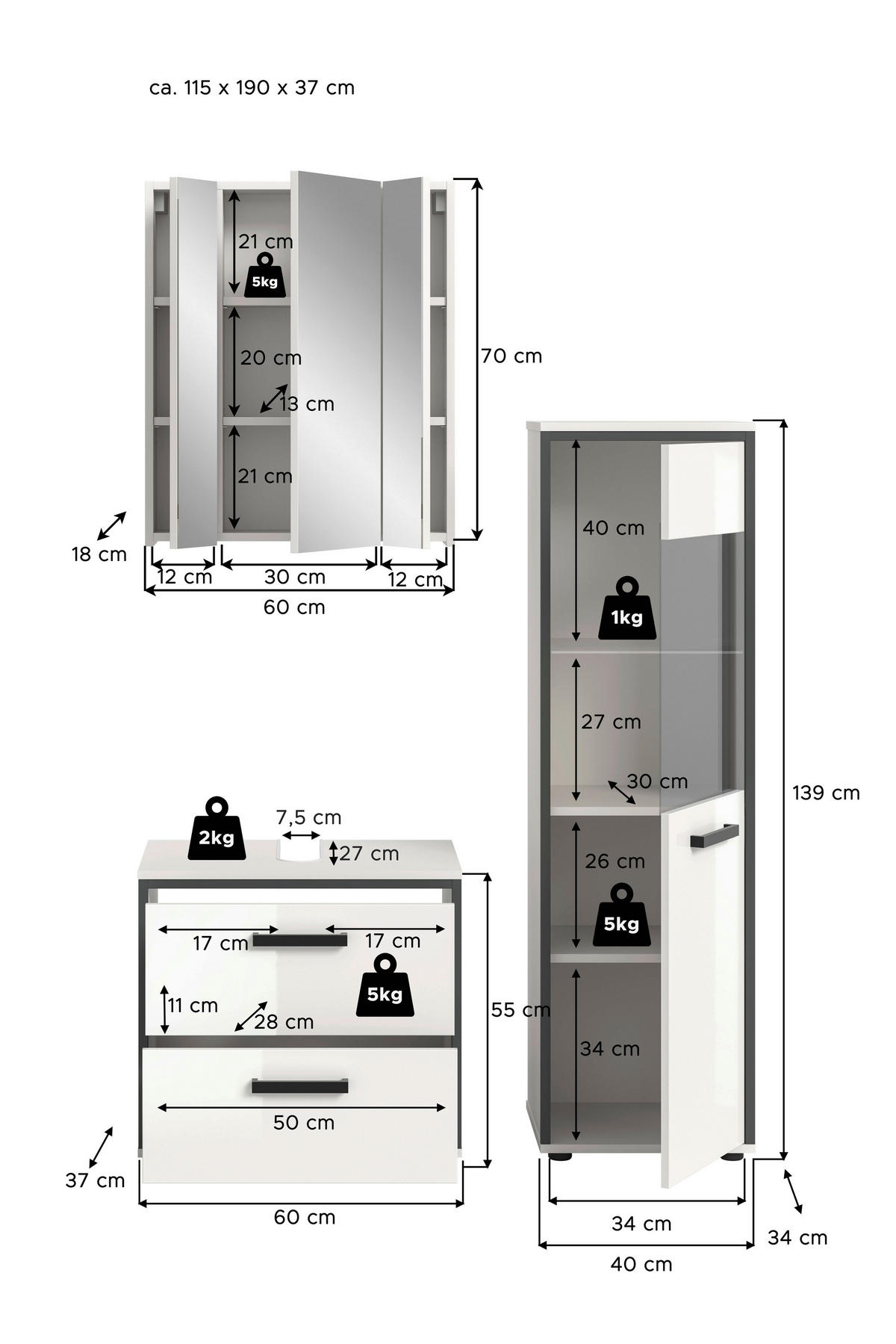 BADEZIMMER 3-teilig  in 100 cm  - Weiß Hochglanz/Schwarz, MODERN, Holzwerkstoff/Kunststoff (100cm) - MID.YOU