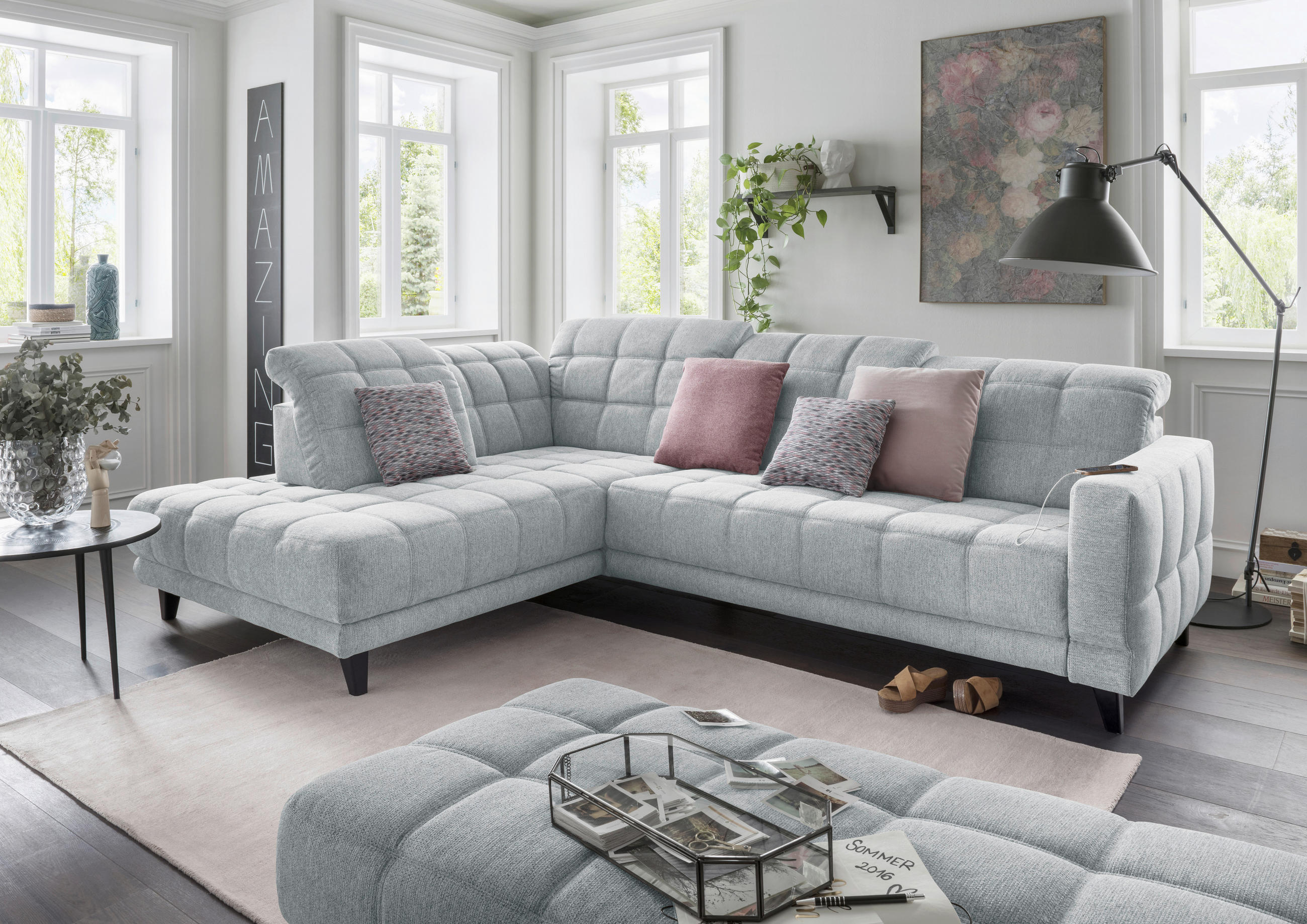 ECKSOFA in Webstoff Hellgrau  216/302 cm  - Hellgrau/Schwarz, Design, Holz/Textil (216/302cm) - Xora