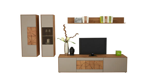 WOHNWAND Kerneiche vollmassiv Eichefarben, Fango - Fango/Eichefarben, Design, Glas/Holz (343/188/49cm) - Valnatura