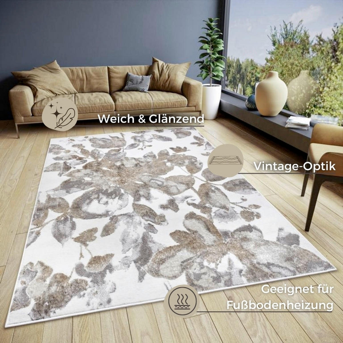 VINTAGE-TEPPICH 57/90 cm Shine Greige, Taupe, Weiß  - Taupe/Greige, Design, Kunststoff (57/90cm) - Hanse Home