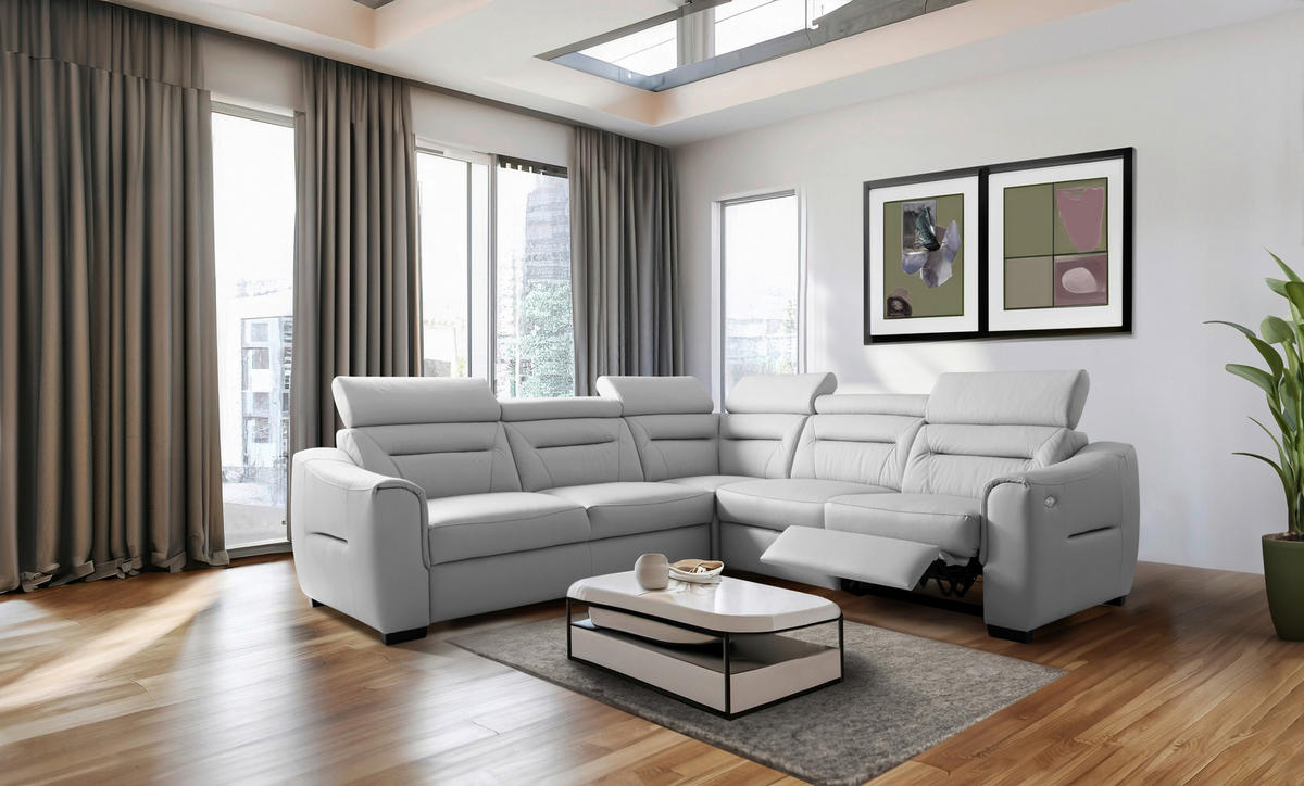 ECKSOFA  in Lederlook Echtleder Platinfarben  - Platinfarben/Wengefarben, Design, Leder/Holz (260/260cm) - Celina Home