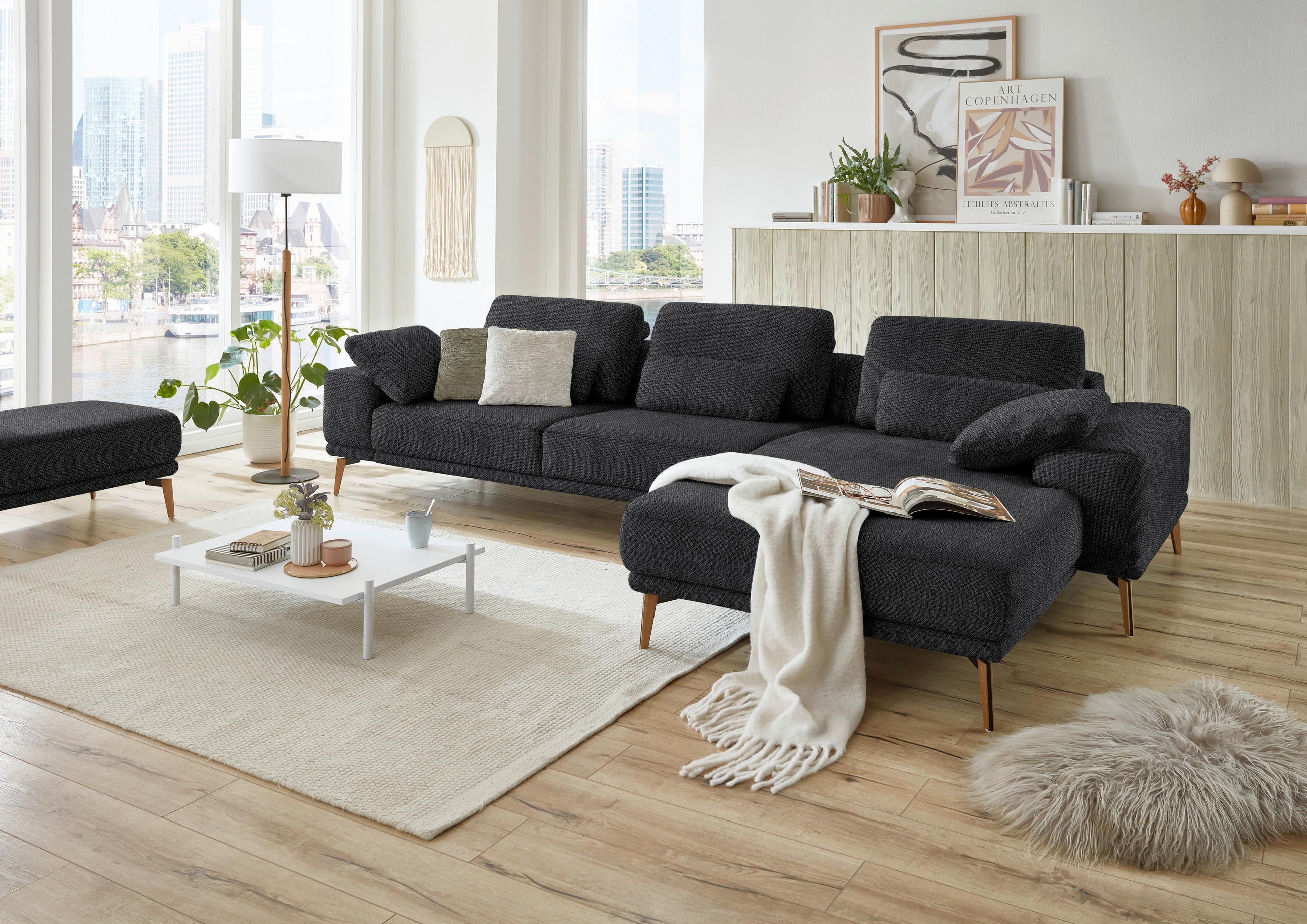 ECKSOFA in Flachgewebe Schwarz  - Wildeiche/Schwarz, Design, Holz/Textil (334/193cm) - Niels Andersson