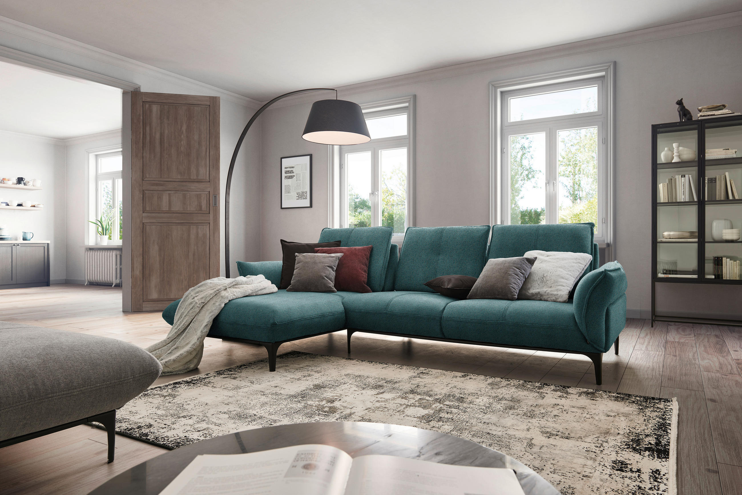 ECKSOFA in Webstoff Petrol  - Petrol/Schwarz, Natur, Textil (182/277cm) - Valnatura