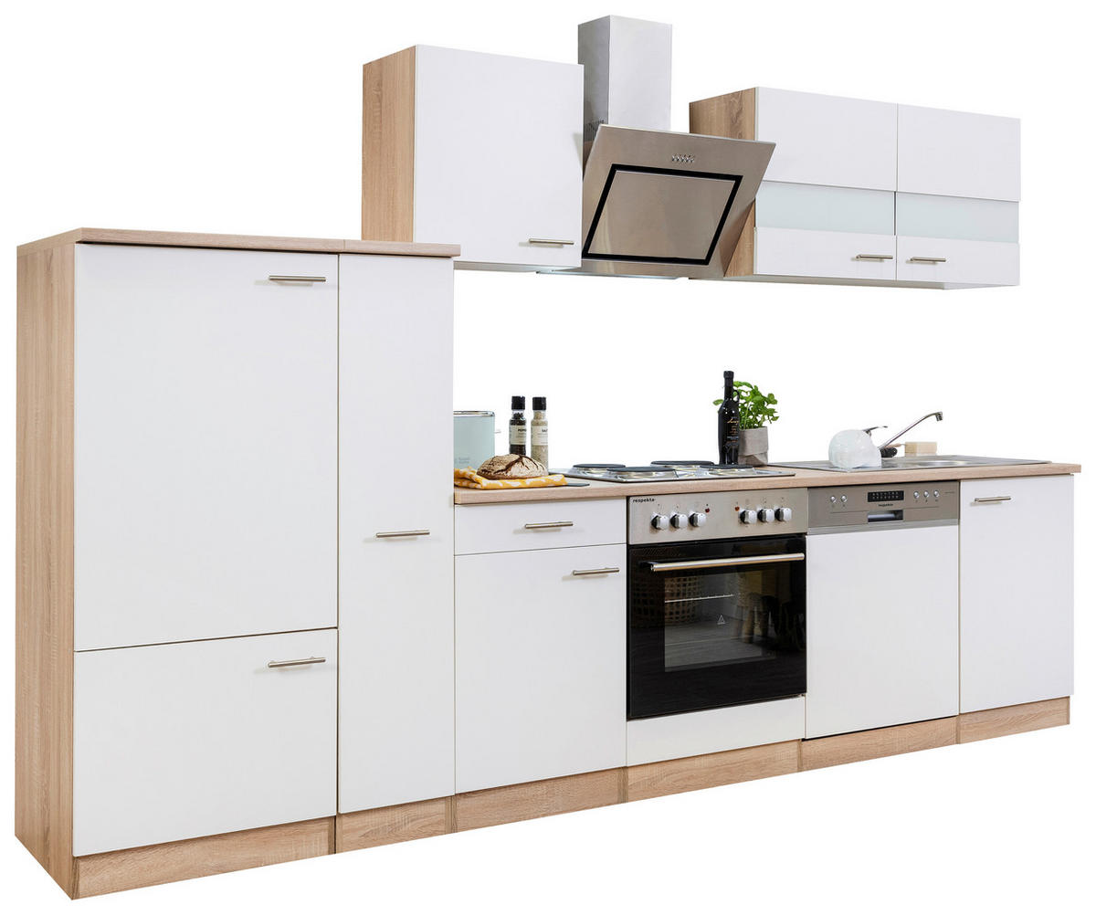 KÜCHENBLOCK 310 cm   in Weiß  - Edelstahlfarben/Eichefarben, Basics, Holzwerkstoff/Metall (310cm) - Respekta