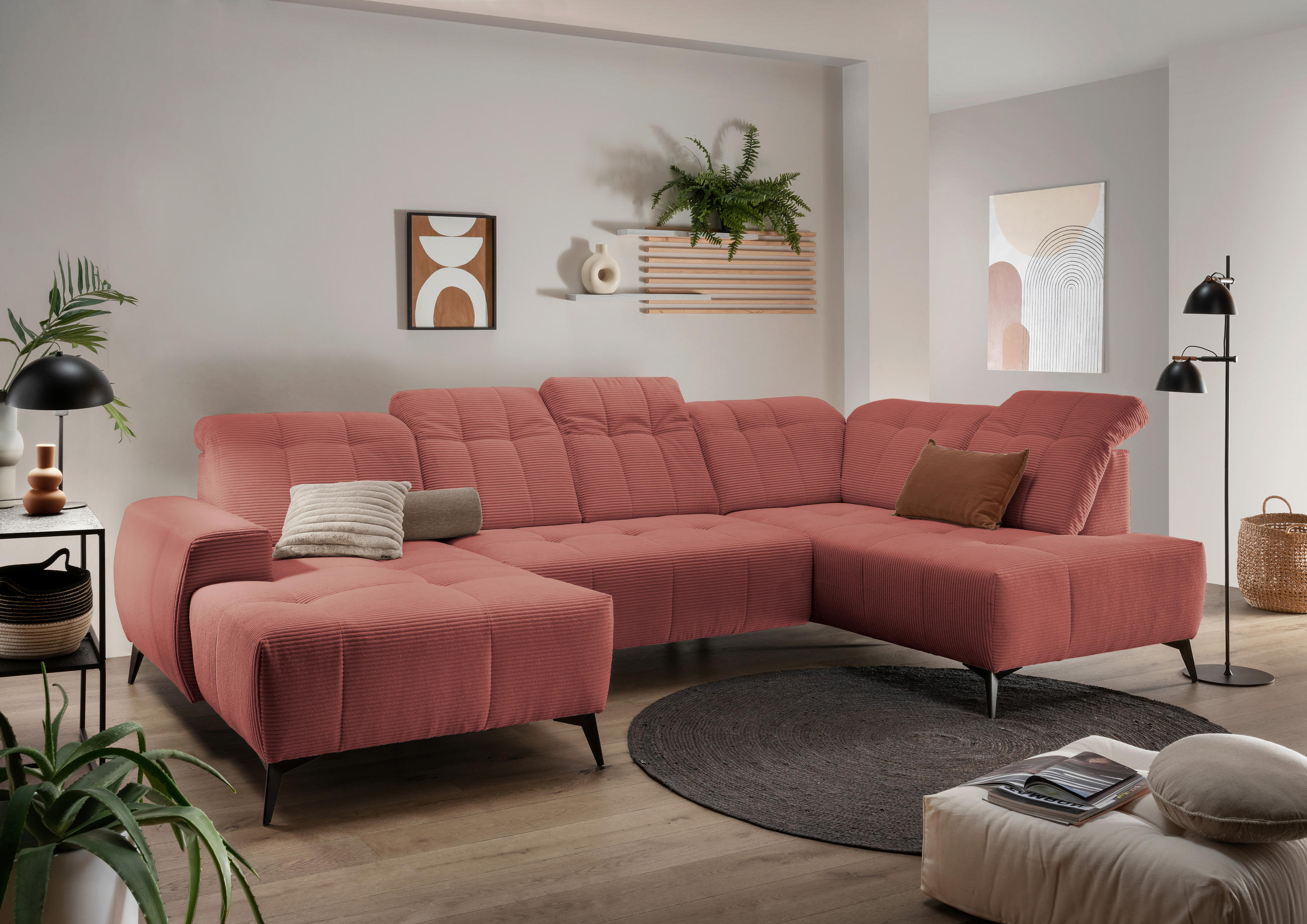 WOHNLANDSCHAFT SANO Koralle Cord  - Koralle/Schwarz, MODERN, Textil/Metall (180/337/200cm) - Livetastic