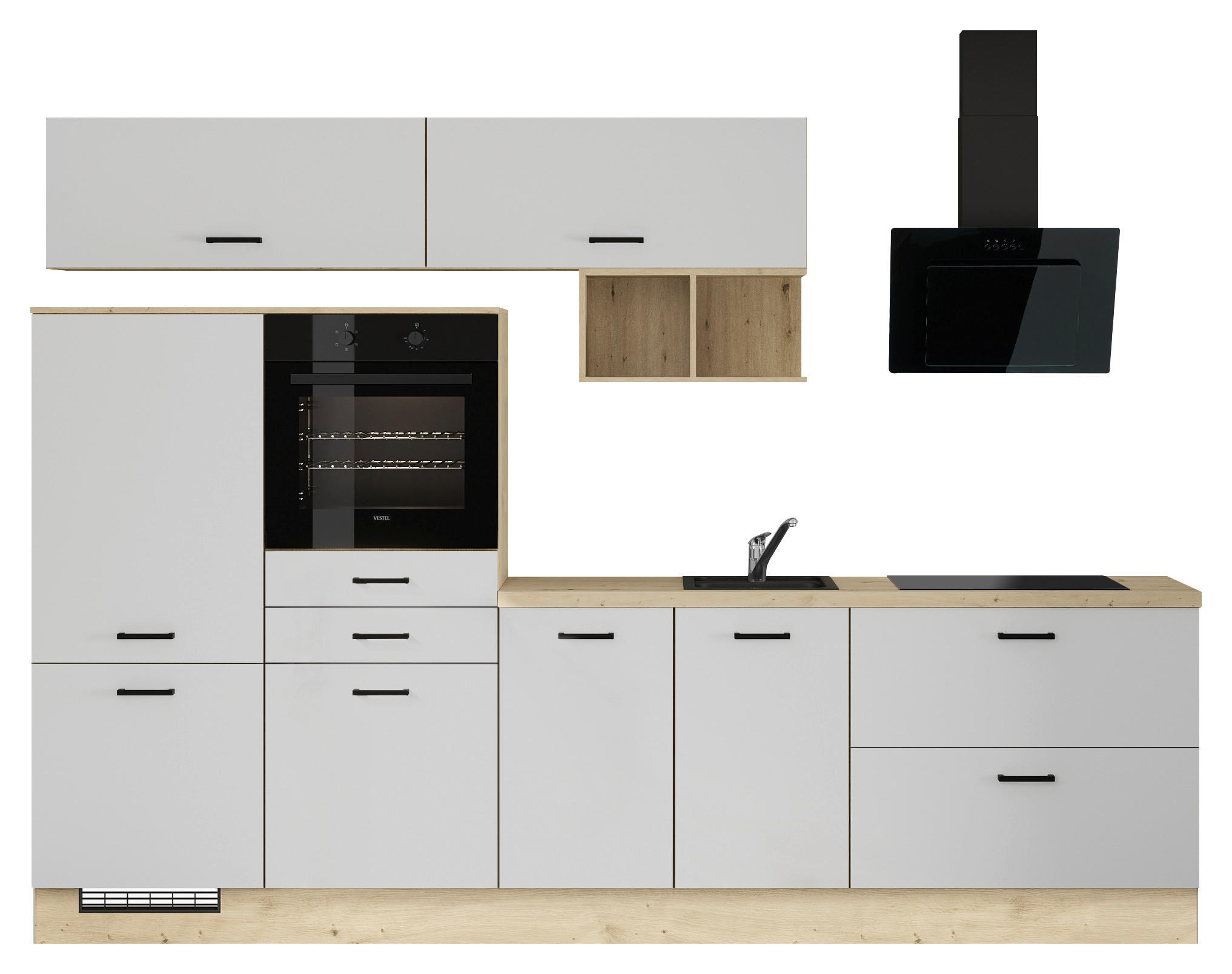 KÜCHENBLOCK 300 cm   in Weiß  - Eichefarben/Schwarz, Design, Holzwerkstoff/Metall (300cm) - Impuls