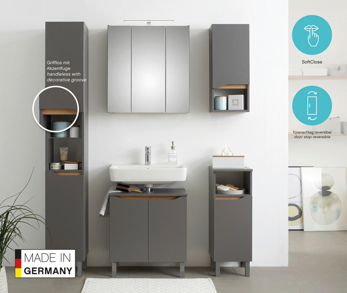 WASCHBECKENUNTERSCHRANK 60/53/33 cm  - Dunkelgrau/Eichefarben, Basics, Holzwerkstoff (60/53/33cm) - Pelipal