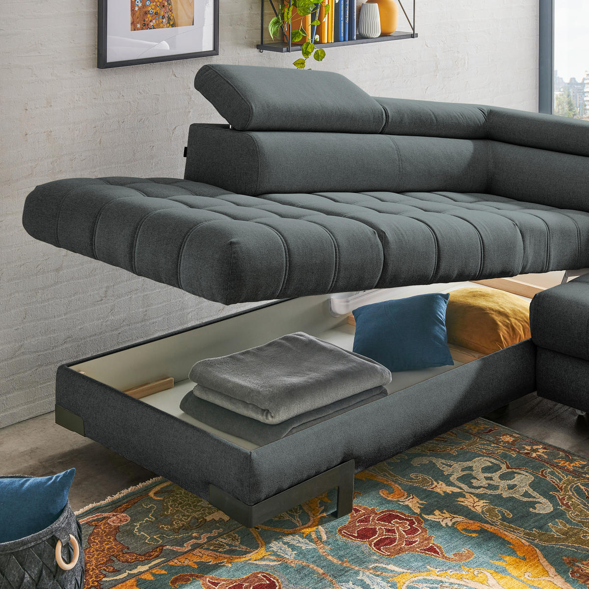 ECKSOFA in Webstoff Graphitfarben  - Schwarz/Graphitfarben, Design, Textil/Metall (223/263cm) - Welnova