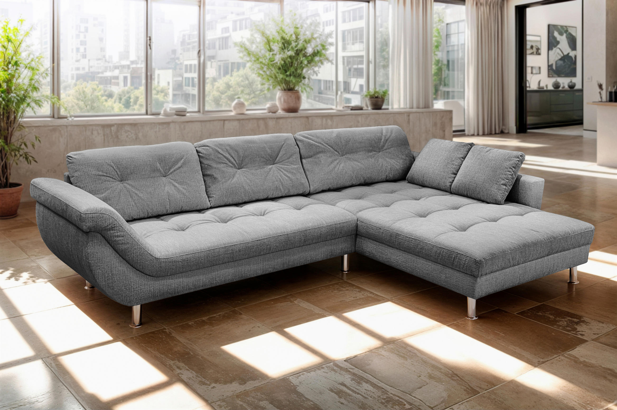 ECKSOFA BROOKLYN Dunkelgrau Flachgewebe Zierkissen, Rückenkissen  - Dunkelgrau/Silberfarben, KONVENTIONELL, Kunststoff/Textil (329/199cm) - Livetastic