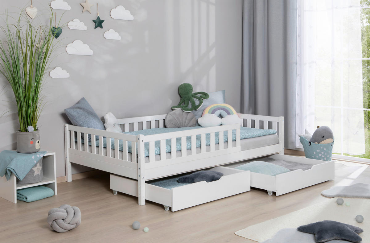 HAUSBETT Absturzsicherung, Matratze, Rollrost, Bettschublade 120/200 cm  - Weiß/Naturfarben, MODERN, Holz/Textil (120/200cm) - MID.YOU