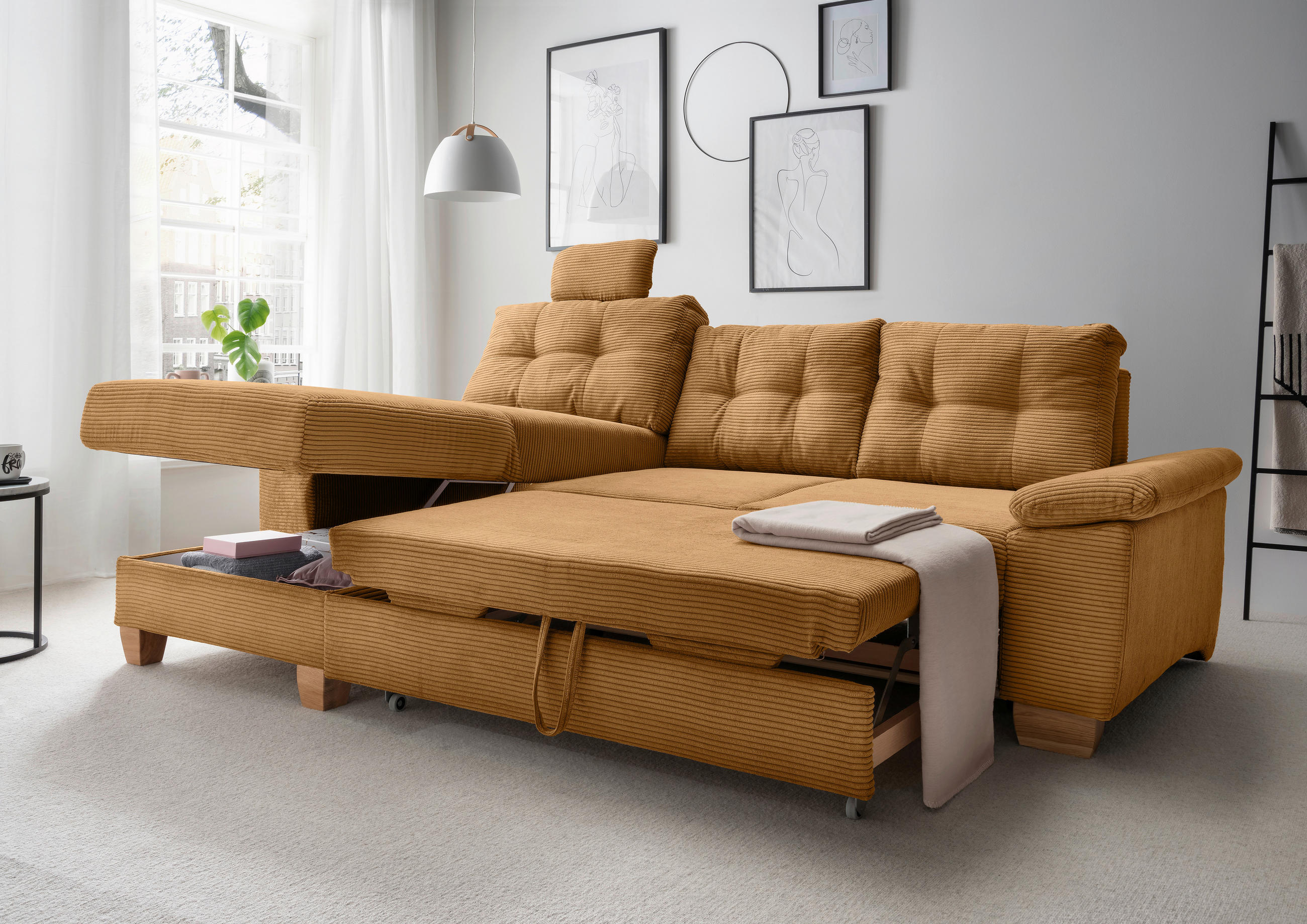 ECKSOFA in Cord Goldfarben  - Goldfarben/Naturfarben, MODERN, Holz/Textil (176/270cm) - Livetastic