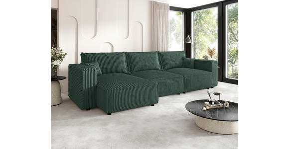 ECKSOFA Dunkelgrün Cord Zierkissen, Rückenkissen, Schlaffunktion, Rücken echt  - Dunkelgrün/Schwarz, MODERN, Kunststoff/Textil (350/168cm) - Xora
