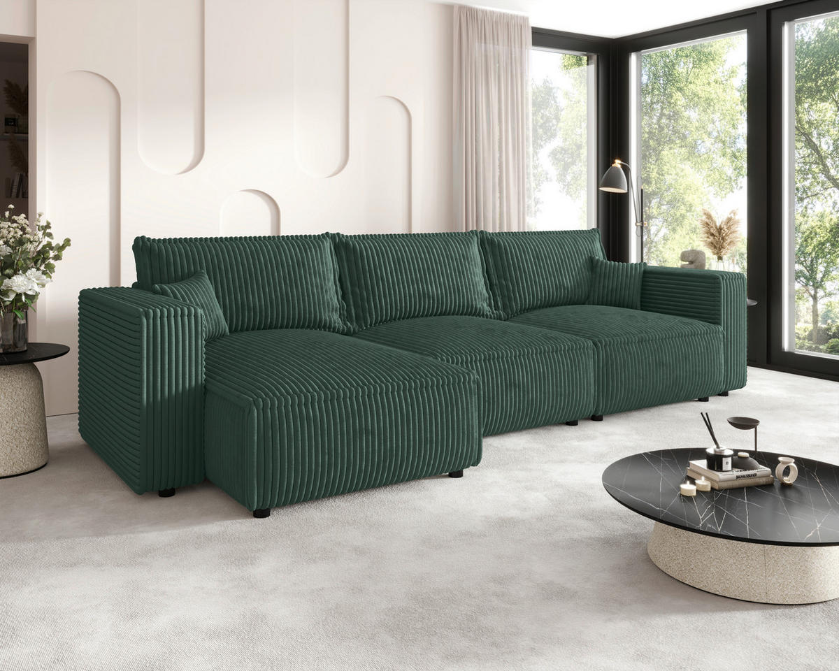ECKSOFA Dunkelgrün Cord Zierkissen, Rückenkissen, Schlaffunktion, Rücken echt  - Dunkelgrün/Schwarz, MODERN, Kunststoff/Textil (350/168cm) - Xora