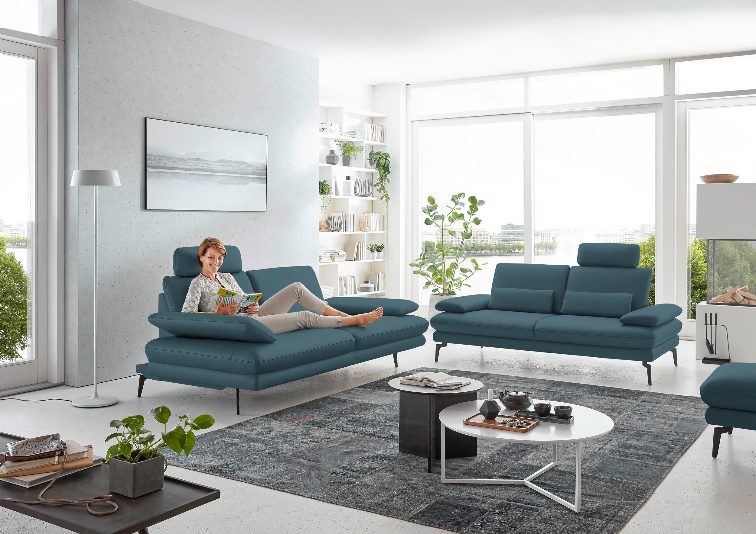 2,5-SITZER in Echtleder Blau  - Blau/Schwarz, Design, Leder/Metall (196/86/104cm) - Dieter Knoll