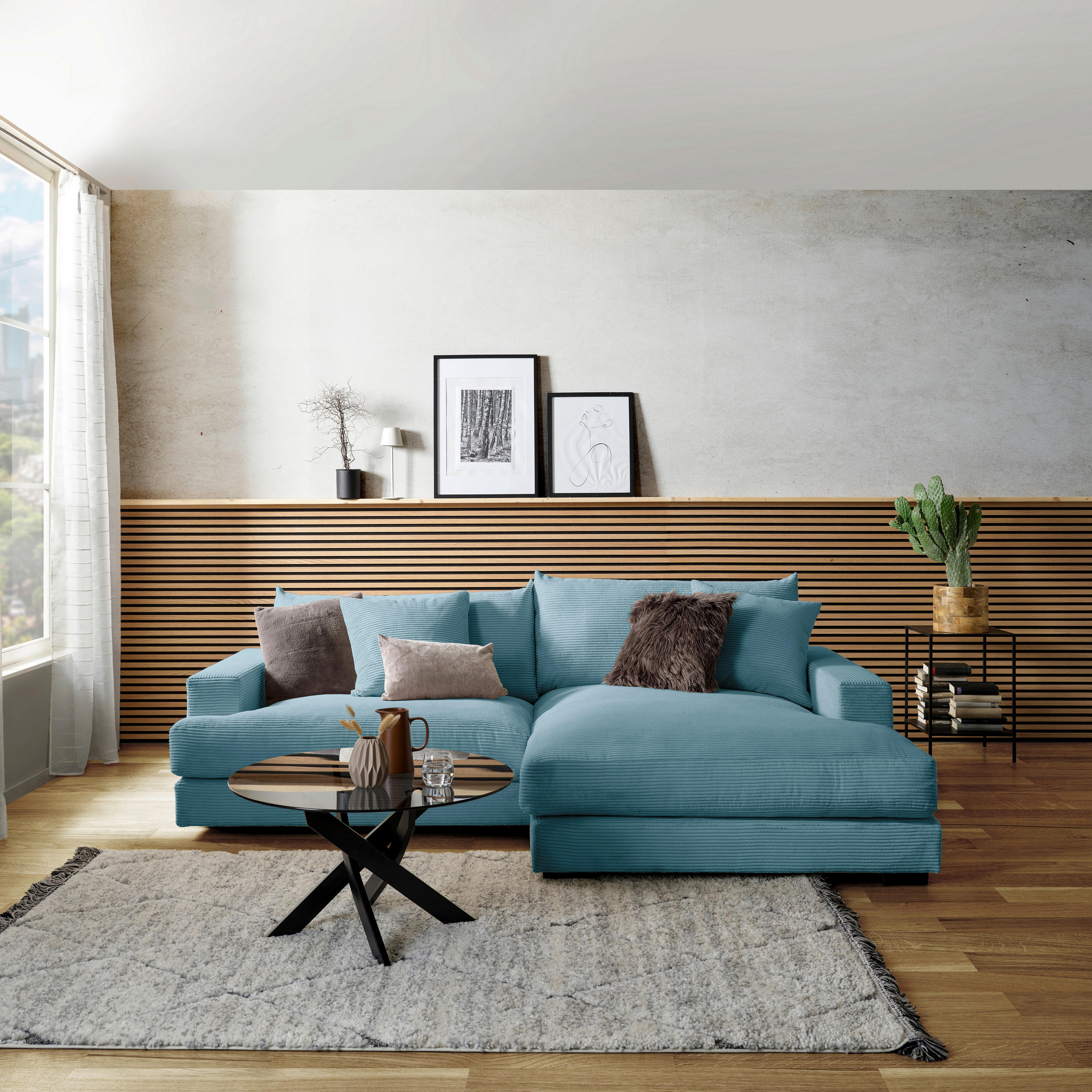 ECKSOFA Türkis Cord  - Türkis/Schwarz, MODERN, Textil (265/180cm) - P & B