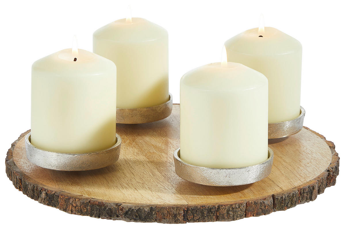 KERZENHALTER - Silberfarben/Naturfarben, Basics, Holz/Metall (Ø32/5cm) - X-Mas