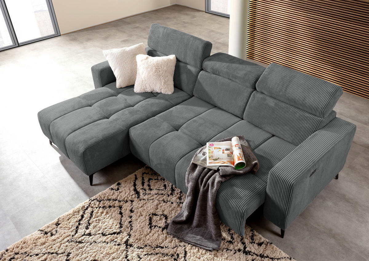 ECKSOFA Dunkelgrau Cord Rücken echt, Kopfteilverstellung, Sitzvorzug  - Dunkelgrau/Schwarz, KONVENTIONELL, Textil/Metall (170/257cm) - Carryhome