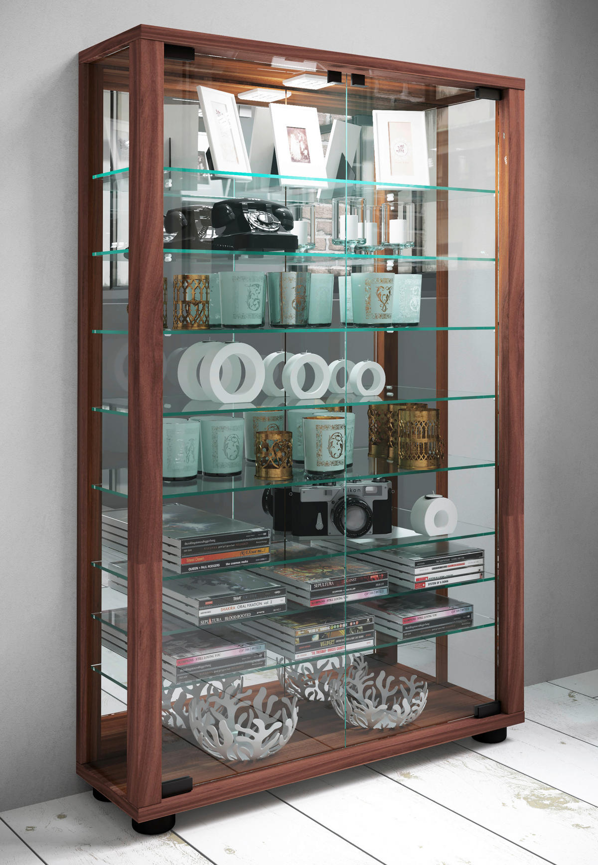 VITRINE in Nussbaumfarben  - Nussbaumfarben/Schwarz, Modern, Glas/Holzwerkstoff (59/91,3/18cm) - MID.YOU