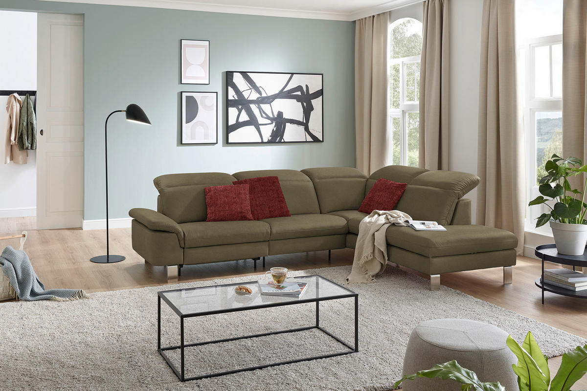 ECKSOFA in Echtleder Olivgrün  309/233 cm  - Edelstahlfarben/Olivgrün, Design, Leder/Metall (309/233cm) - Dieter Knoll
